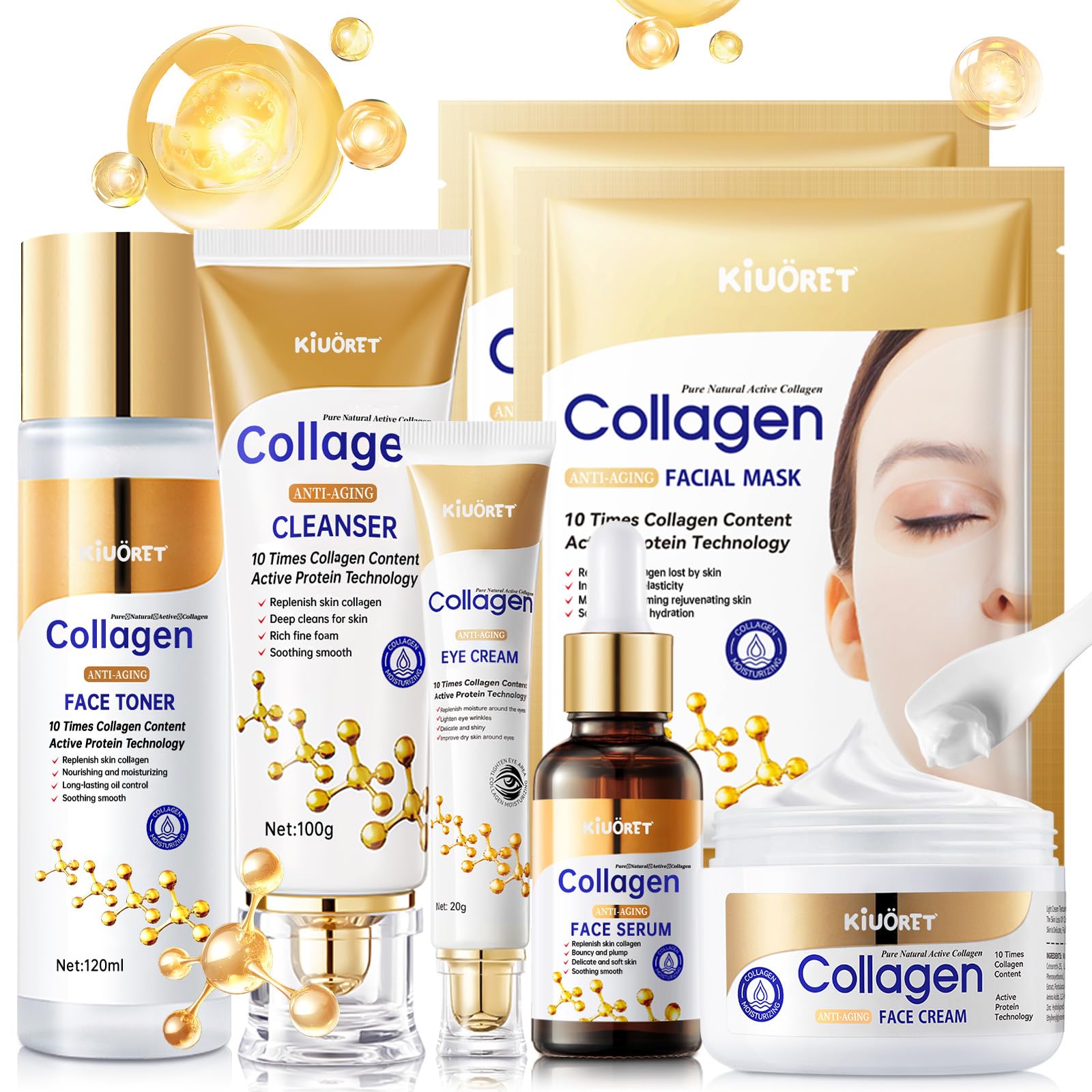 KIUORET Collagen Skin Care Set – 7-Piece Moisturizing Routine for Firm, Balanced Skin