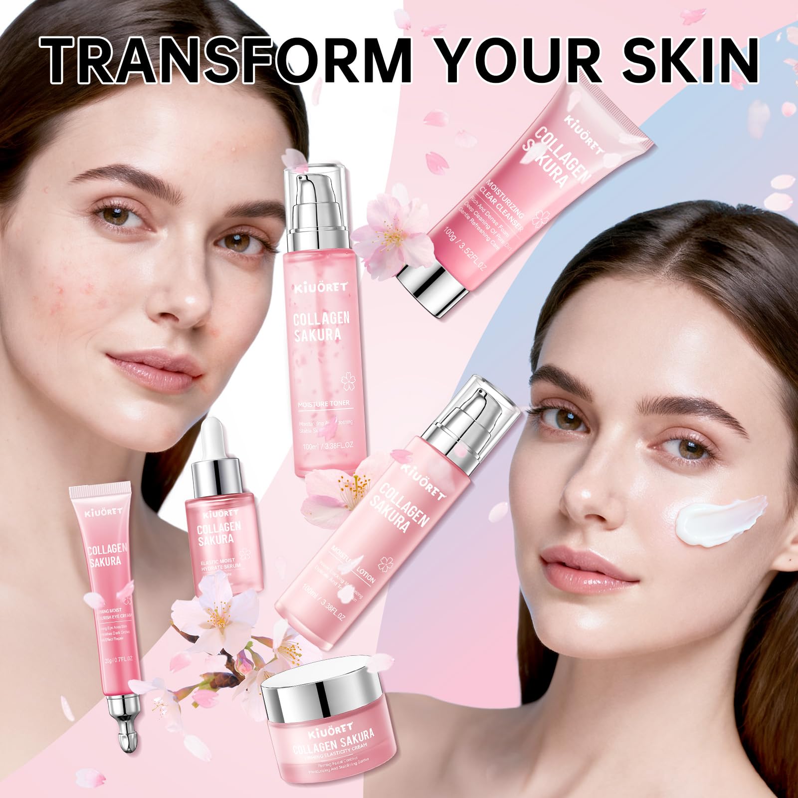 KIUORET Sakura Skin Care Set – 6-Piece Korean Kit for Hydration & Gentle Anti-Aging