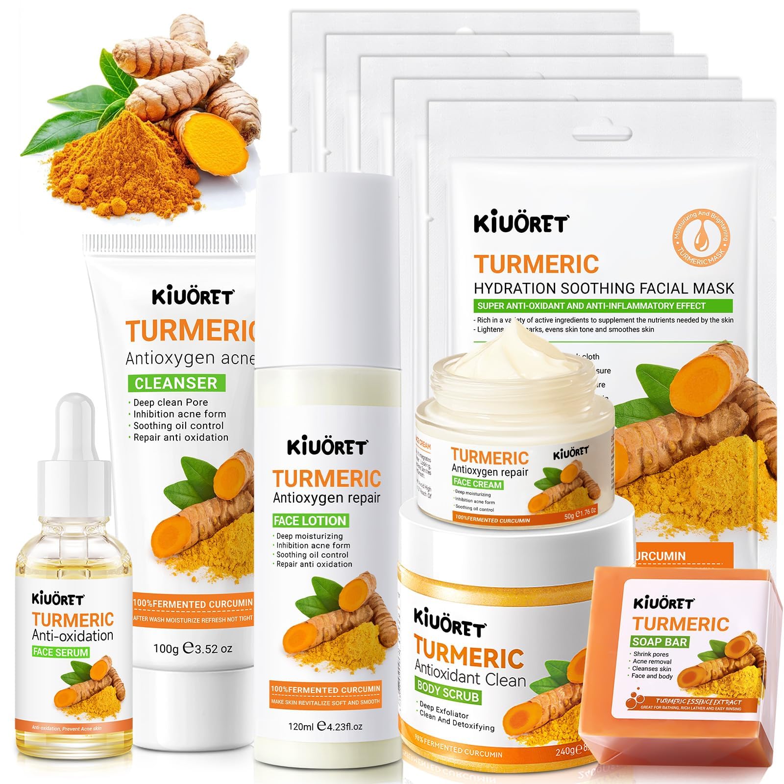 KIUORET Turmeric 11-Piece Skin Care Set | Hydration & Acne Support