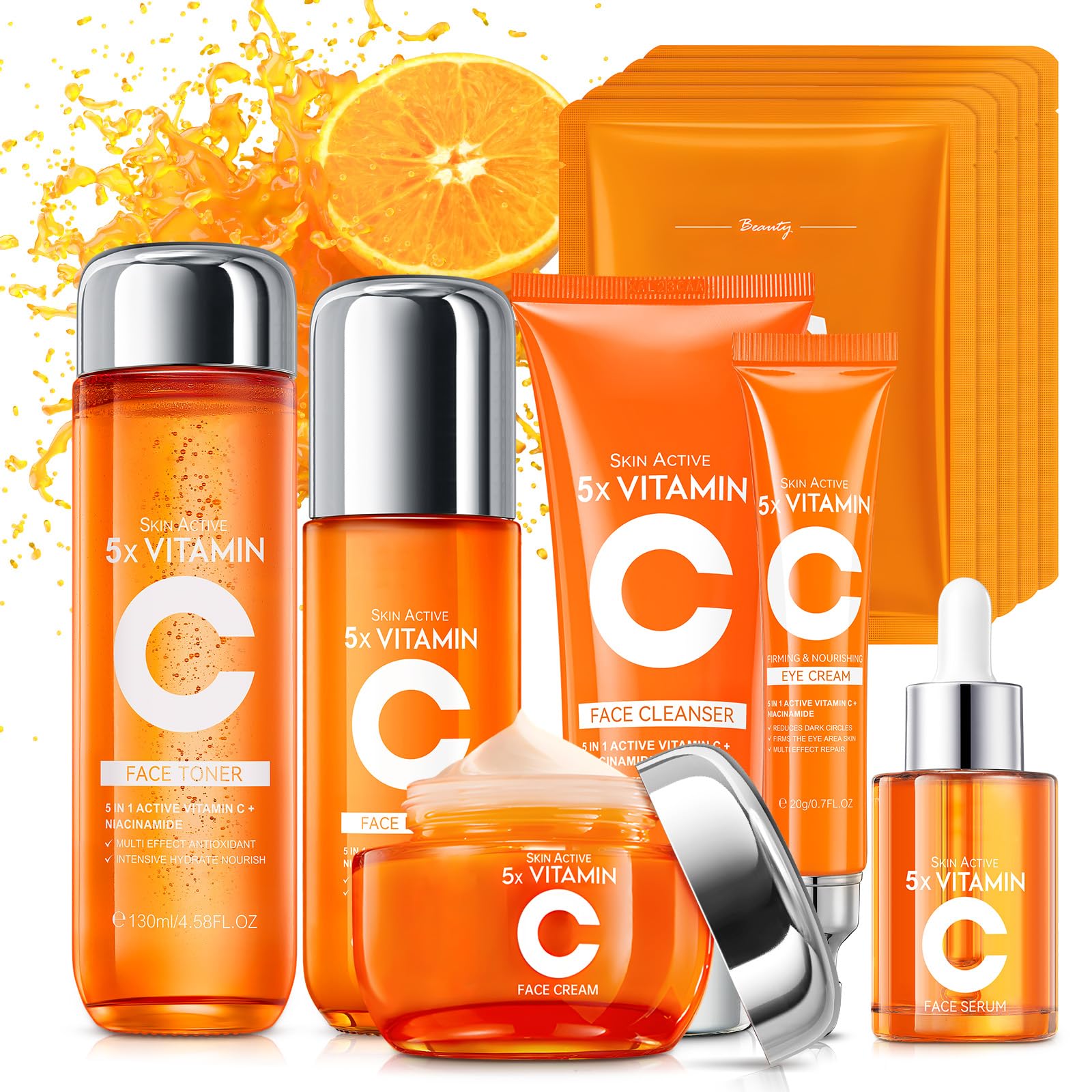 KIUORET 11-Piece Vitamin C Skincare Set for Teens & Women – Cleanser, Toner, Eye Cream, Serum, Lotions, Cream & Sheet Masks