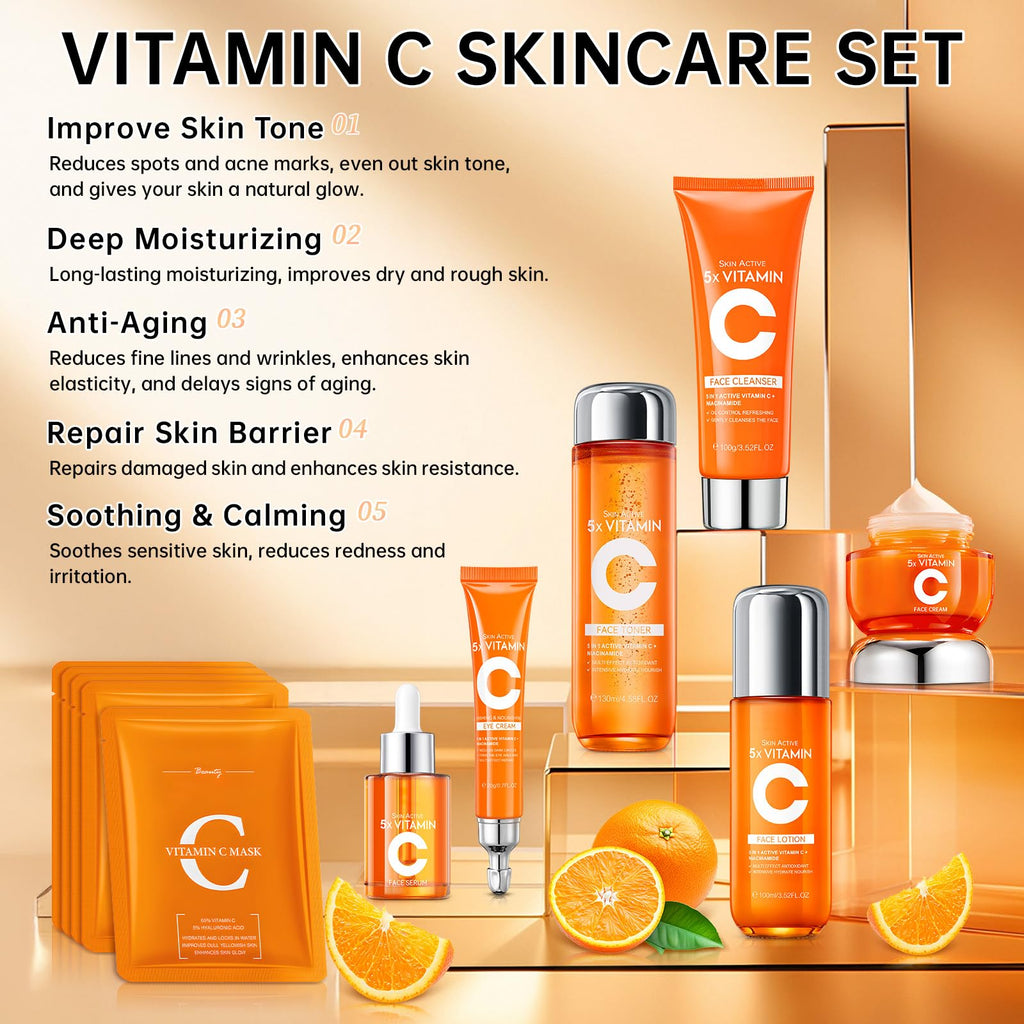KIUORET 11-Piece Vitamin C Skincare Set for Teens & Women – Cleanser, Toner, Eye Cream, Serum, Lotions, Cream & Sheet Masks