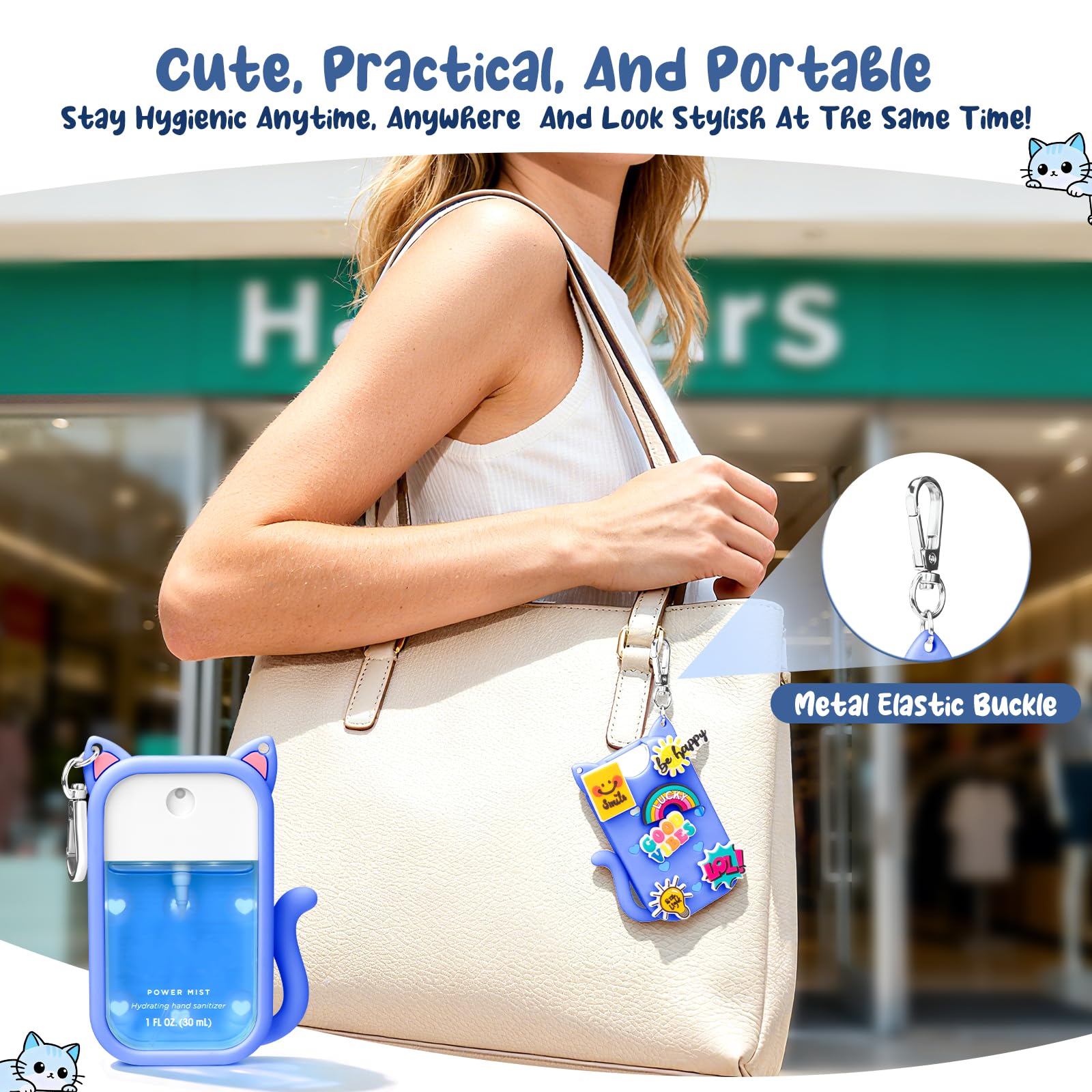 Kivzex Cat Silicone Case for Touchland 1oz Spray – Blue, Keychain & Charms