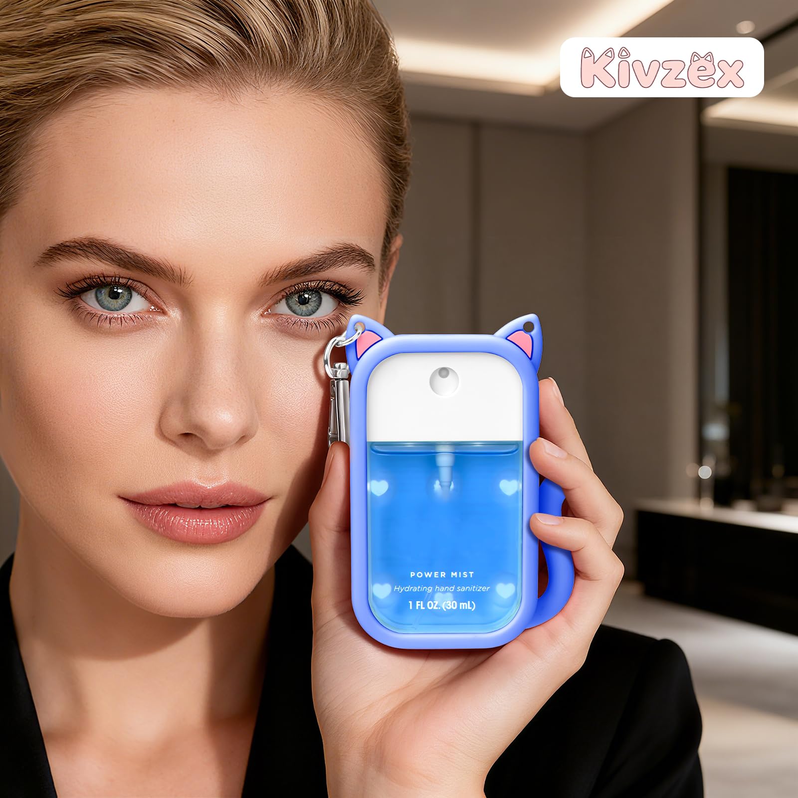 Kivzex Cat Silicone Case for Touchland 1oz Spray – Blue, Keychain & Charms