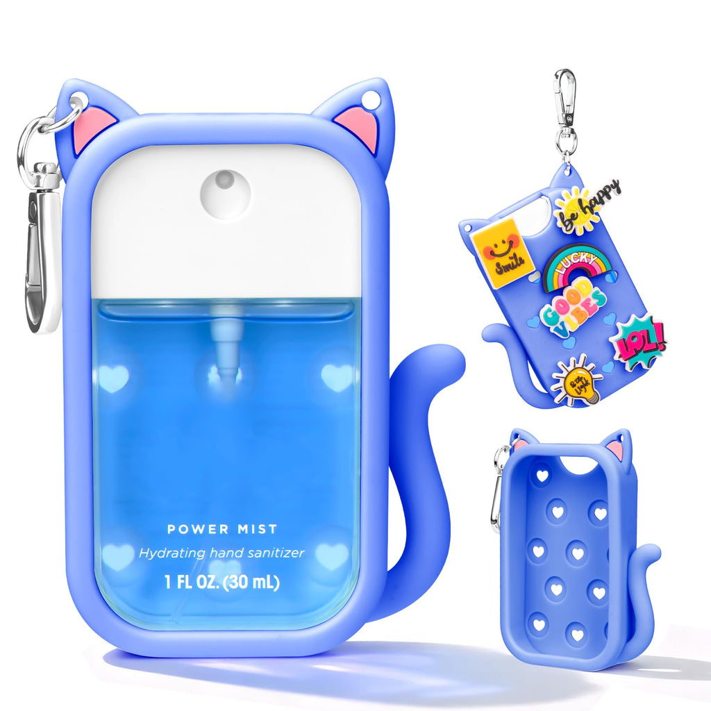 Kivzex Cat Silicone Case for Touchland 1oz Spray – Blue, Keychain & Charms