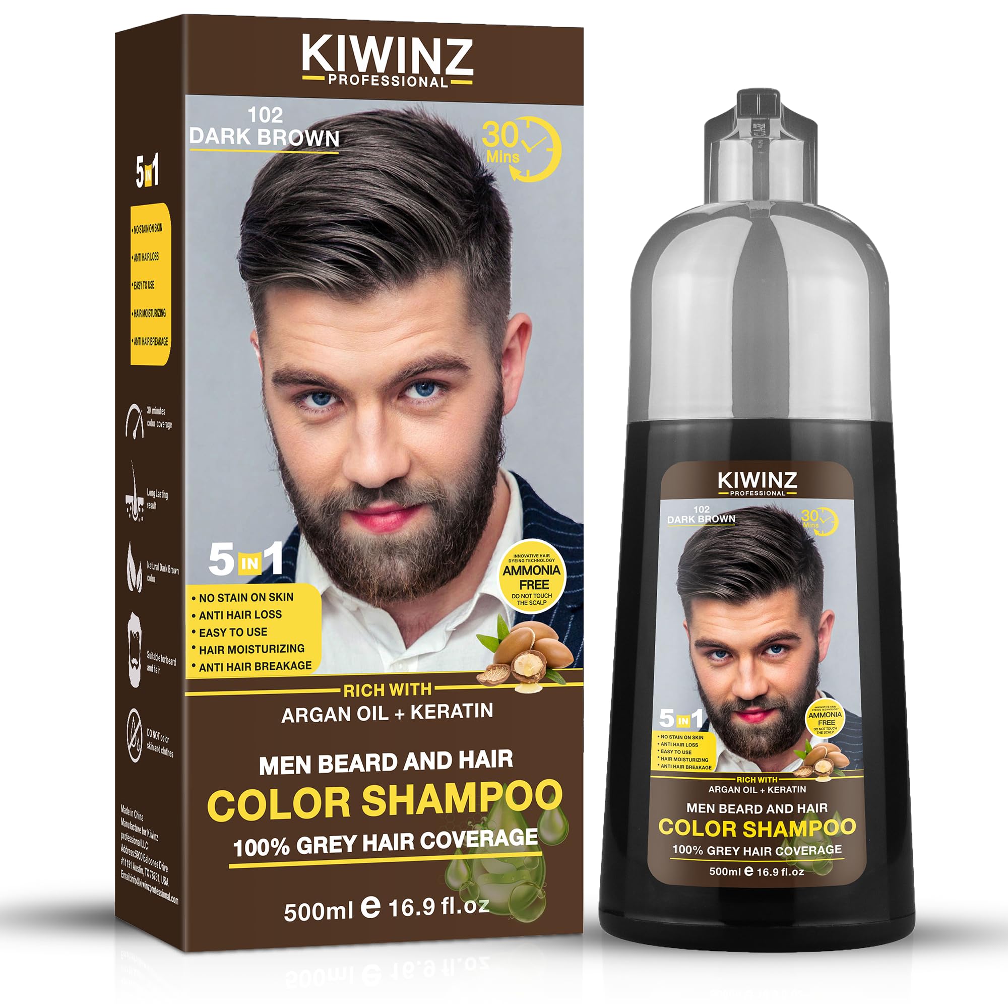 Kiwinz Professional Dark Brown Hair Color Shampoo for Men – 5 in 1 Dye, Ammonia-Free, 500ml