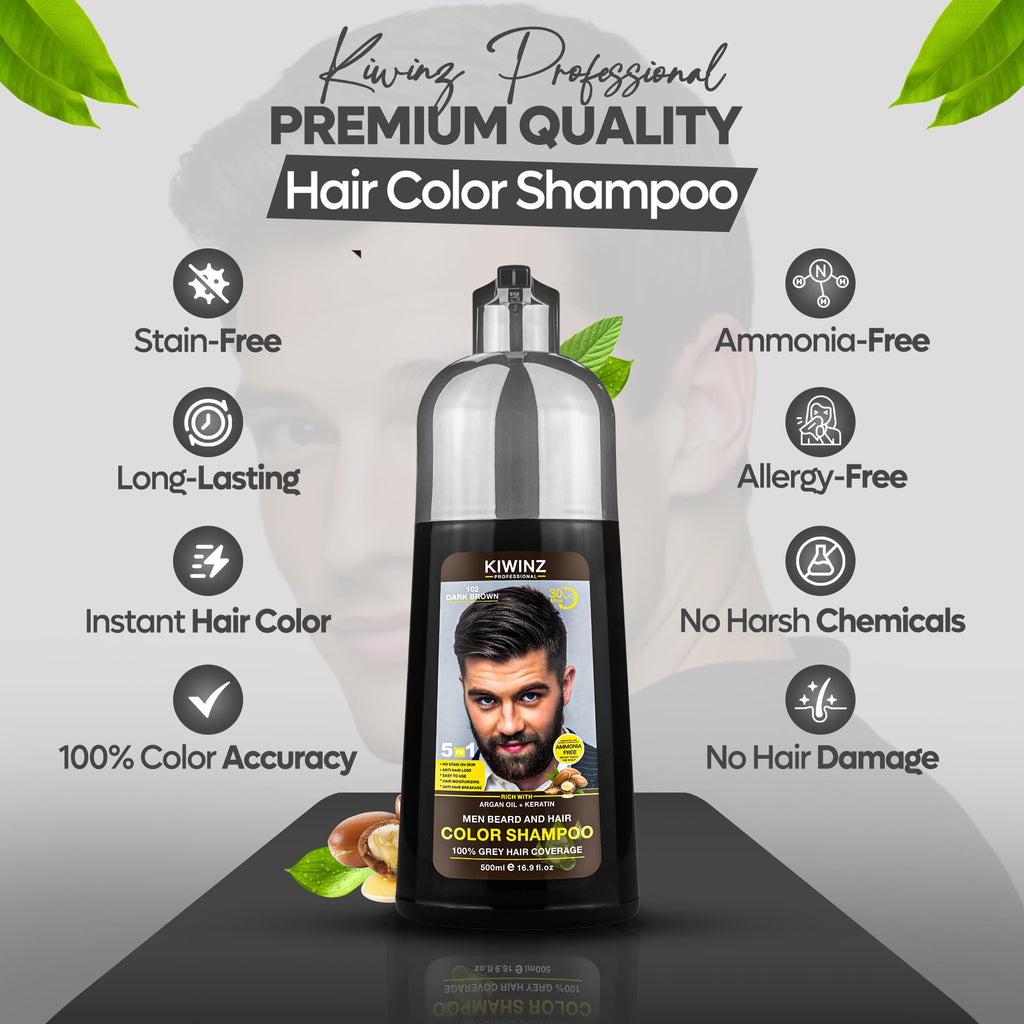 Kiwinz Professional Dark Brown Hair Color Shampoo for Men – 5 in 1 Dye, Ammonia-Free, 500ml