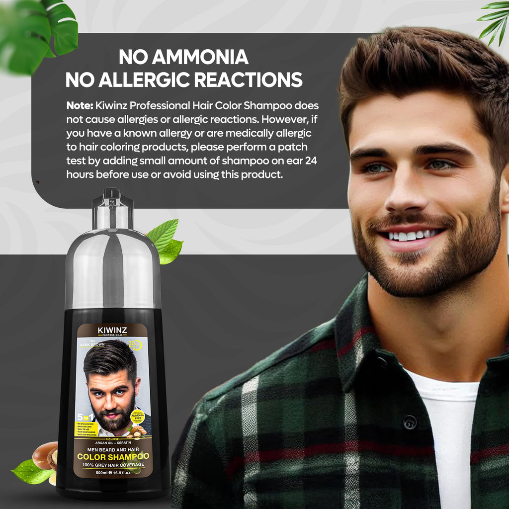 Kiwinz Professional Dark Brown Hair Color Shampoo for Men – 5 in 1 Dye, Ammonia-Free, 500ml