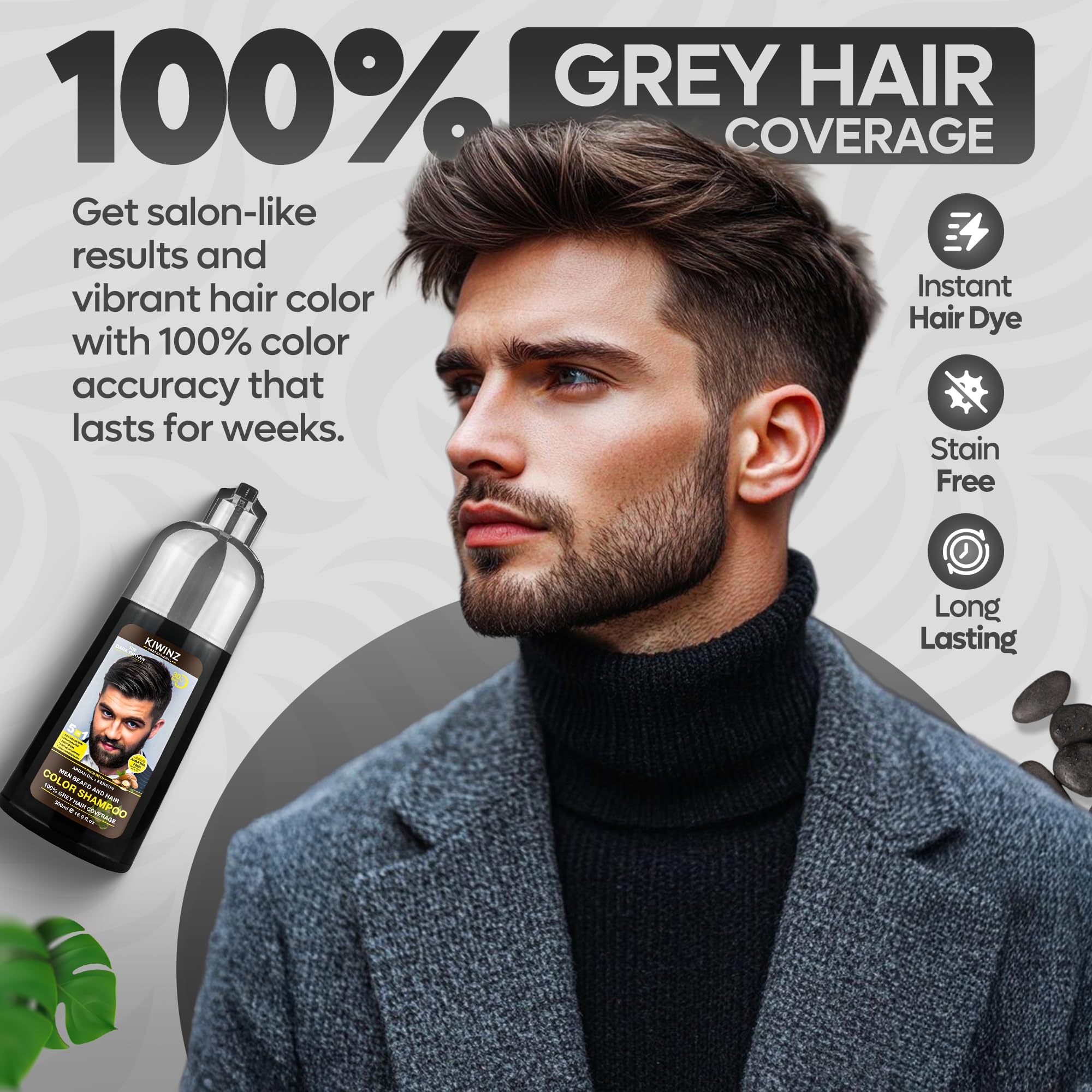 Kiwinz Professional Dark Brown Hair Color Shampoo for Men – 5 in 1 Dye, Ammonia-Free, 500ml