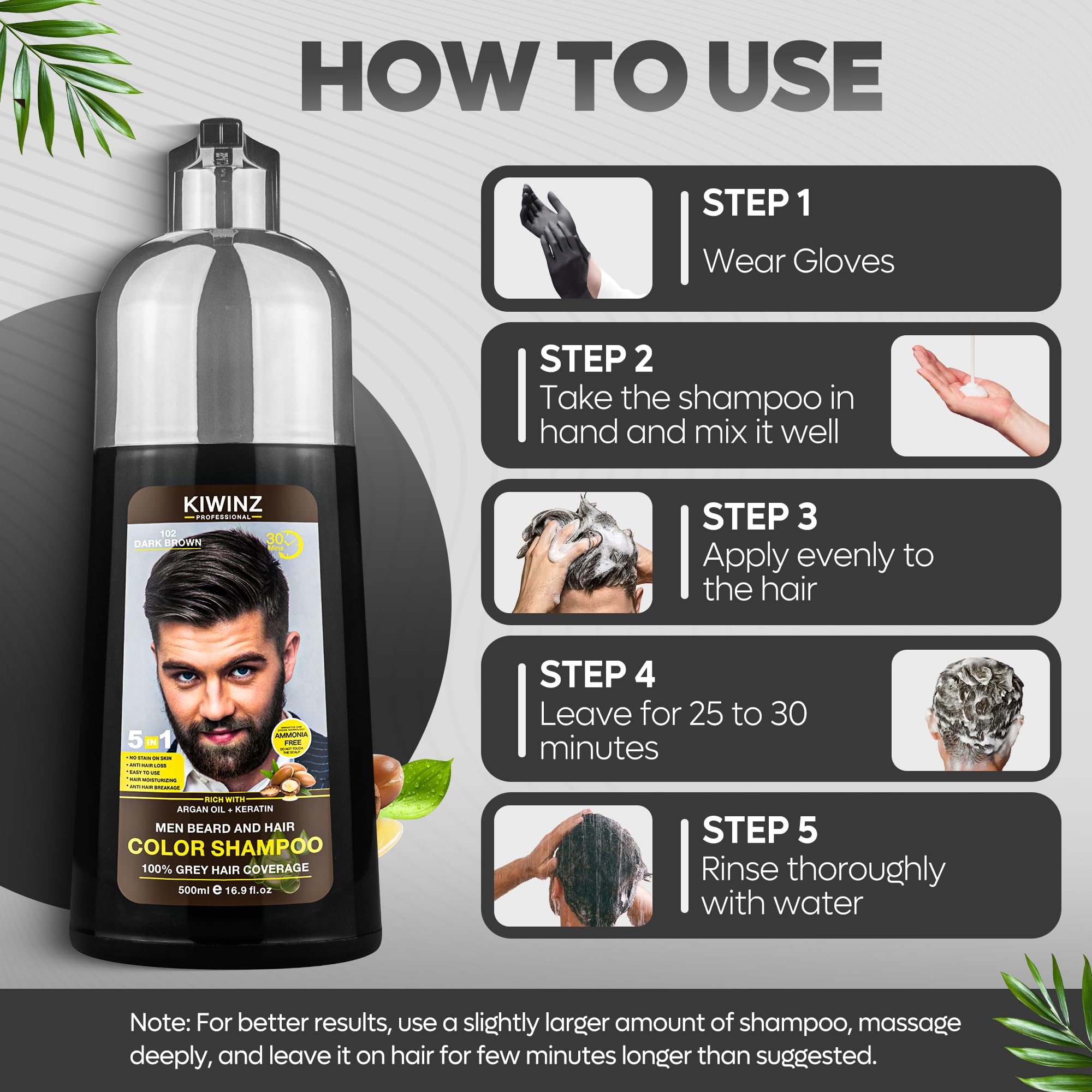 Kiwinz Professional Dark Brown Hair Color Shampoo for Men – 5 in 1 Dye, Ammonia-Free, 500ml