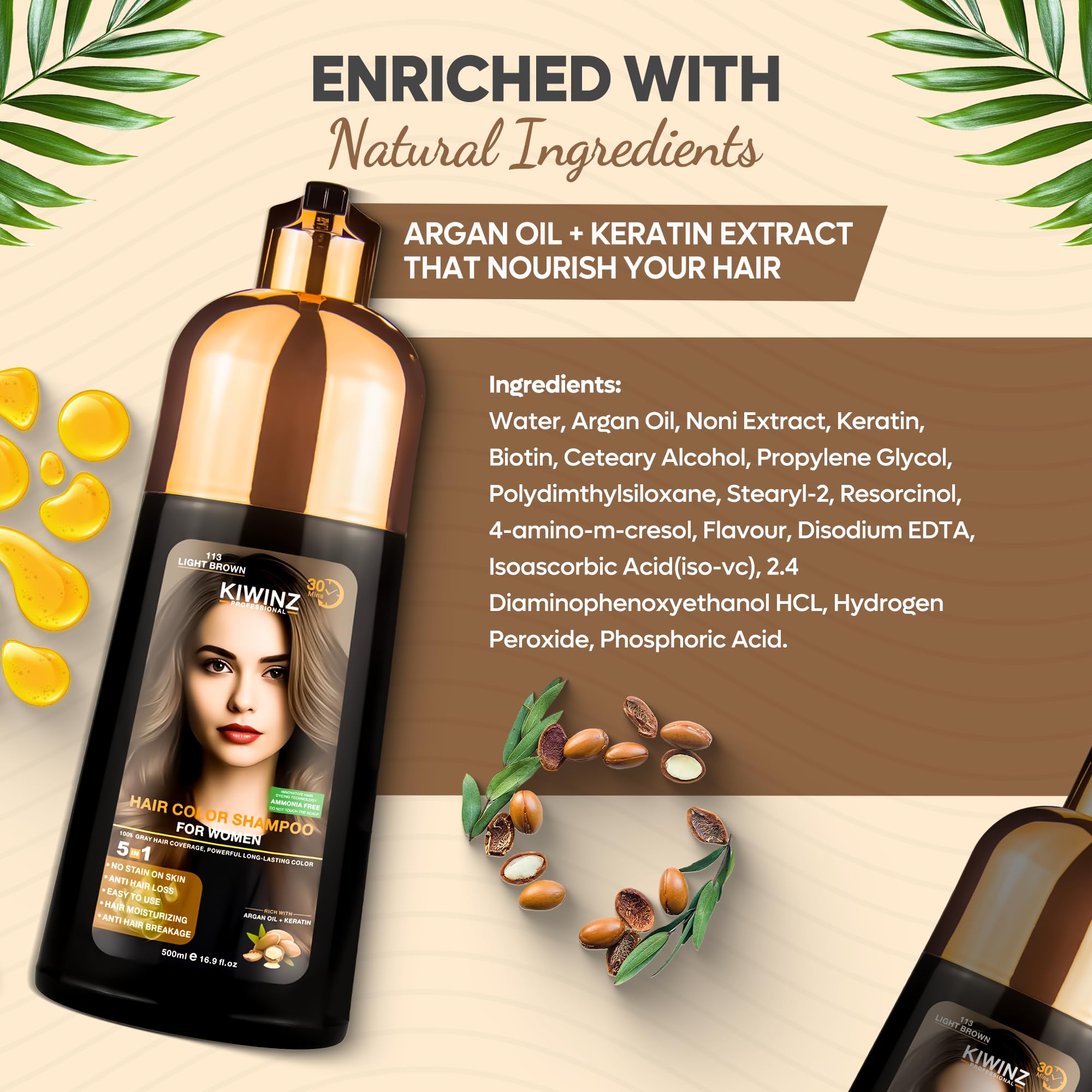 Kiwinz Professional Hair Color Shampoo – 5 in 1, Ammonia-Free, Instant Grey Coverage (Light Brown) – 500ml