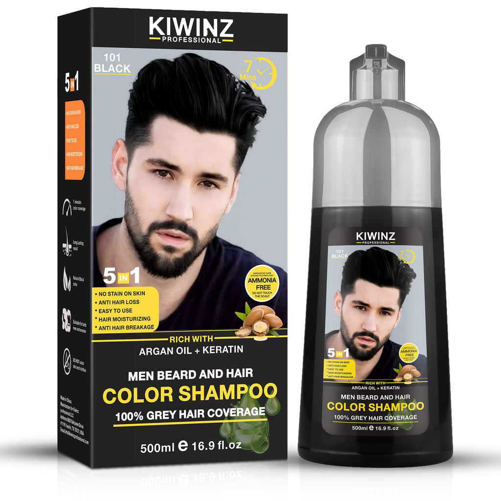 Kiwinz Professional Black Hair Color Shampoo for Men – 5 in 1 Dye Shampoo, Ammonia Free, 500ml, 100% Color Accuracy