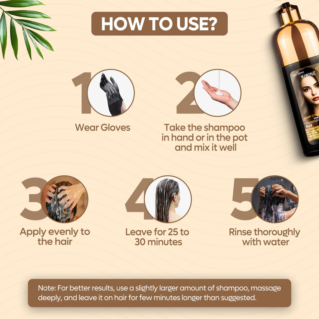 Kiwinz Professional Hair Color Shampoo – 5 in 1, Ammonia-Free, Instant Grey Coverage (Light Brown) – 500ml