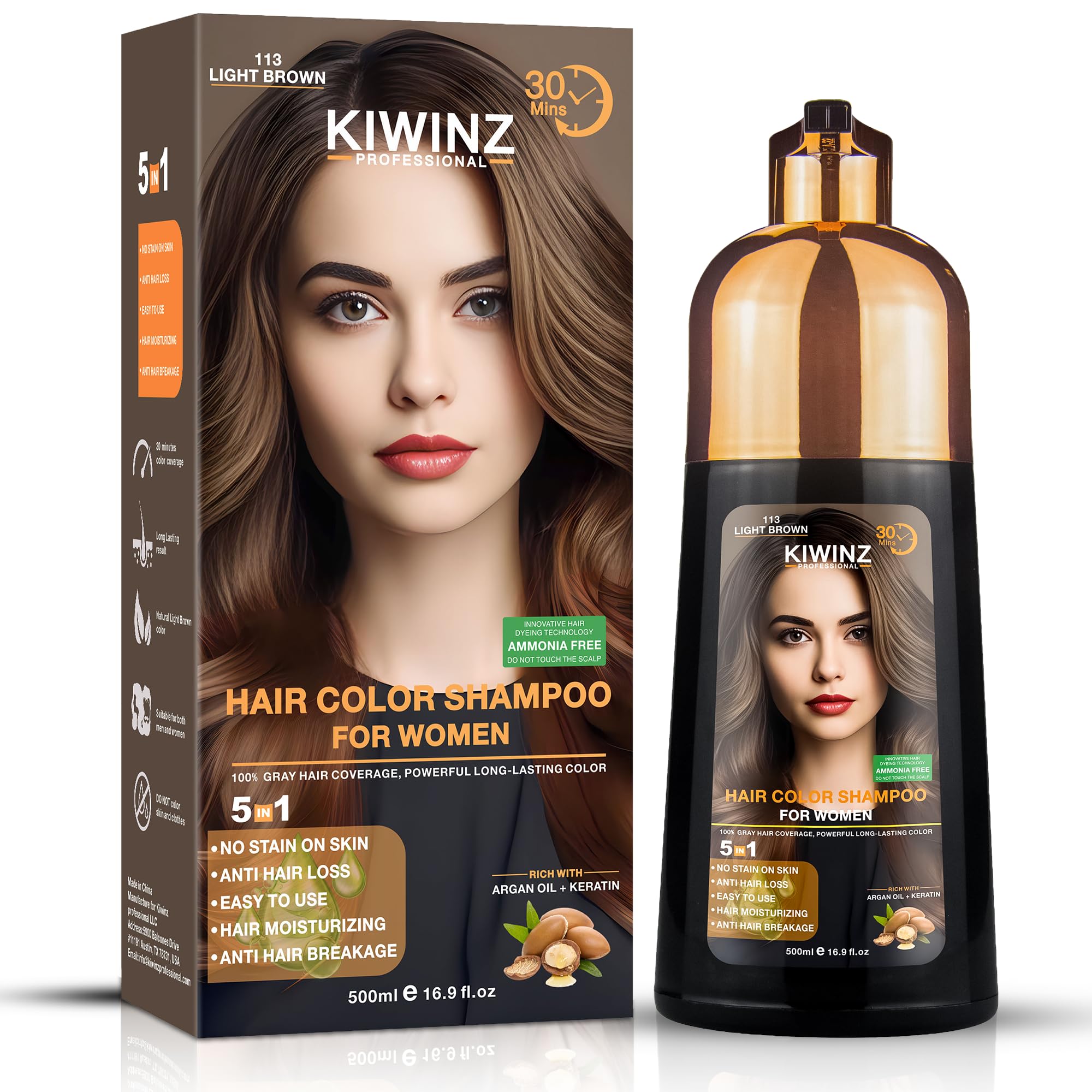Kiwinz Professional Hair Color Shampoo – 5 in 1, Ammonia-Free, Instant Grey Coverage (Light Brown) – 500ml