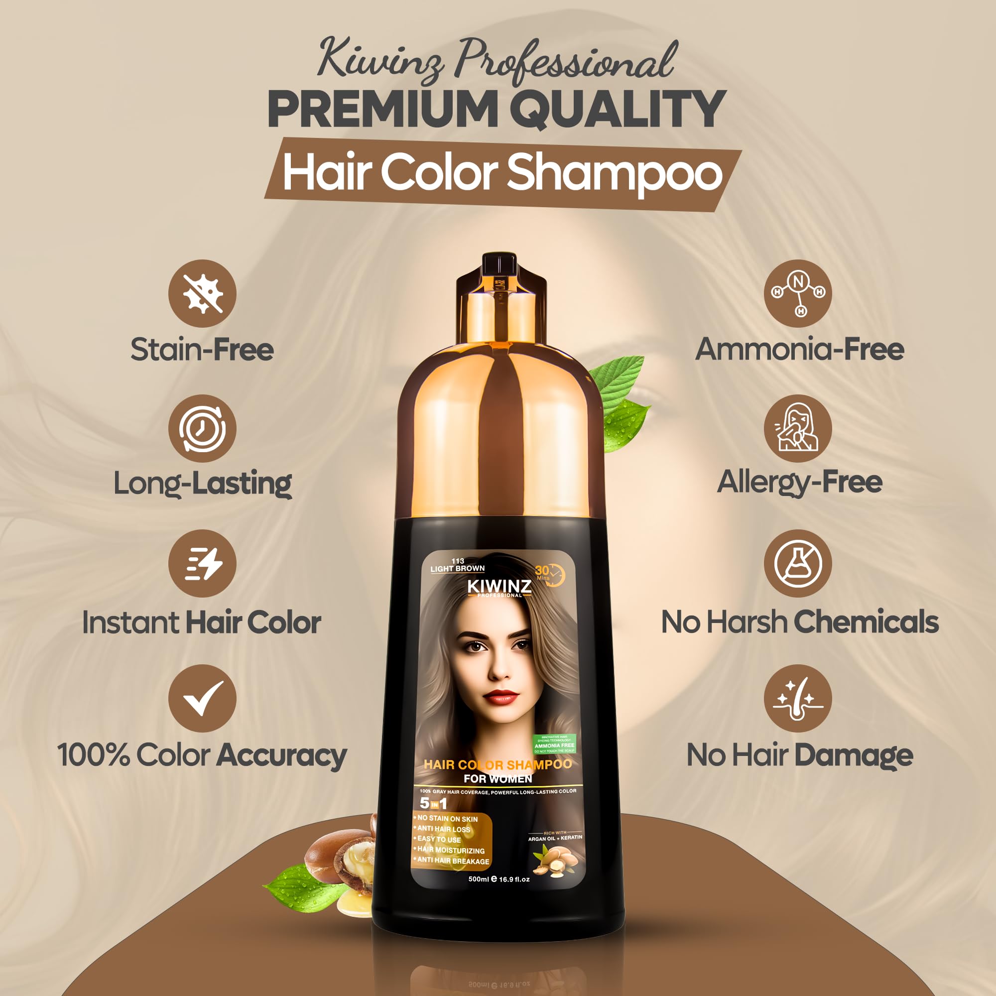 Kiwinz Professional Hair Color Shampoo – 5 in 1, Ammonia-Free, Instant Grey Coverage (Light Brown) – 500ml