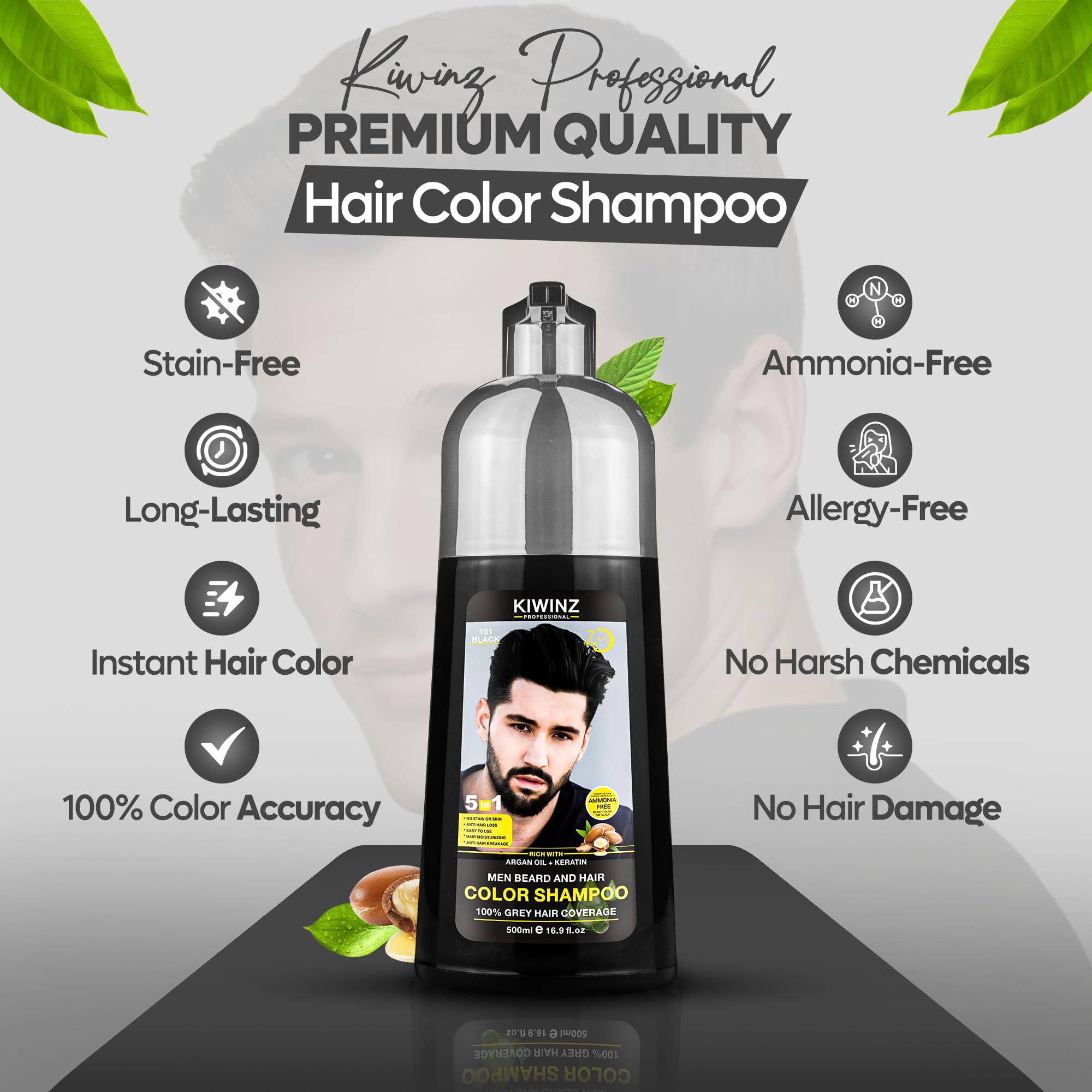 Kiwinz Professional Black Hair Color Shampoo for Men – 5 in 1 Dye Shampoo, Ammonia Free, 500ml, 100% Color Accuracy