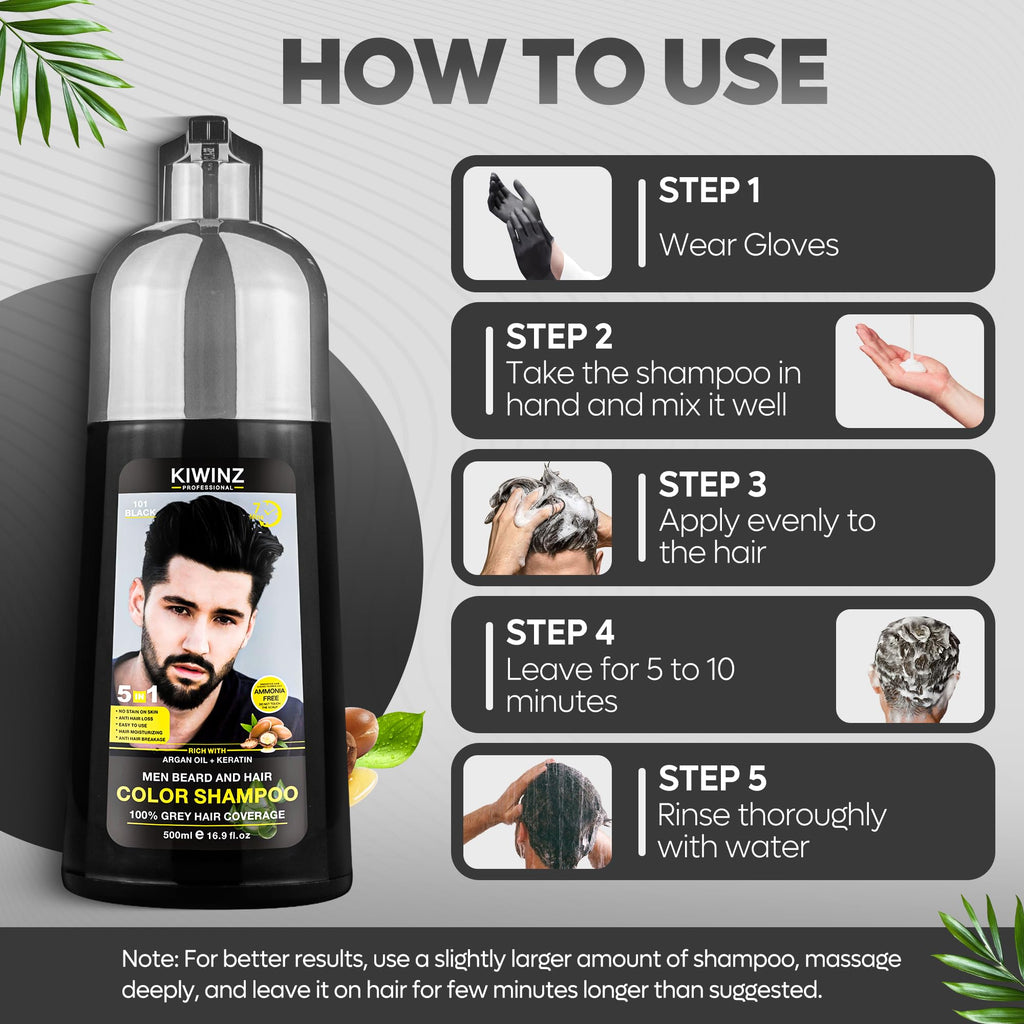 Kiwinz Professional Black Hair Color Shampoo for Men – 5 in 1 Dye Shampoo, Ammonia Free, 500ml, 100% Color Accuracy