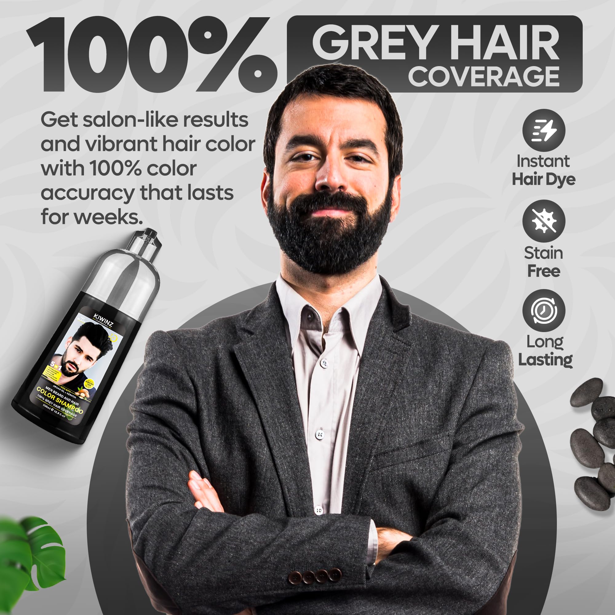 Kiwinz Professional Black Hair Color Shampoo for Men – 5 in 1 Dye Shampoo, Ammonia Free, 500ml, 100% Color Accuracy