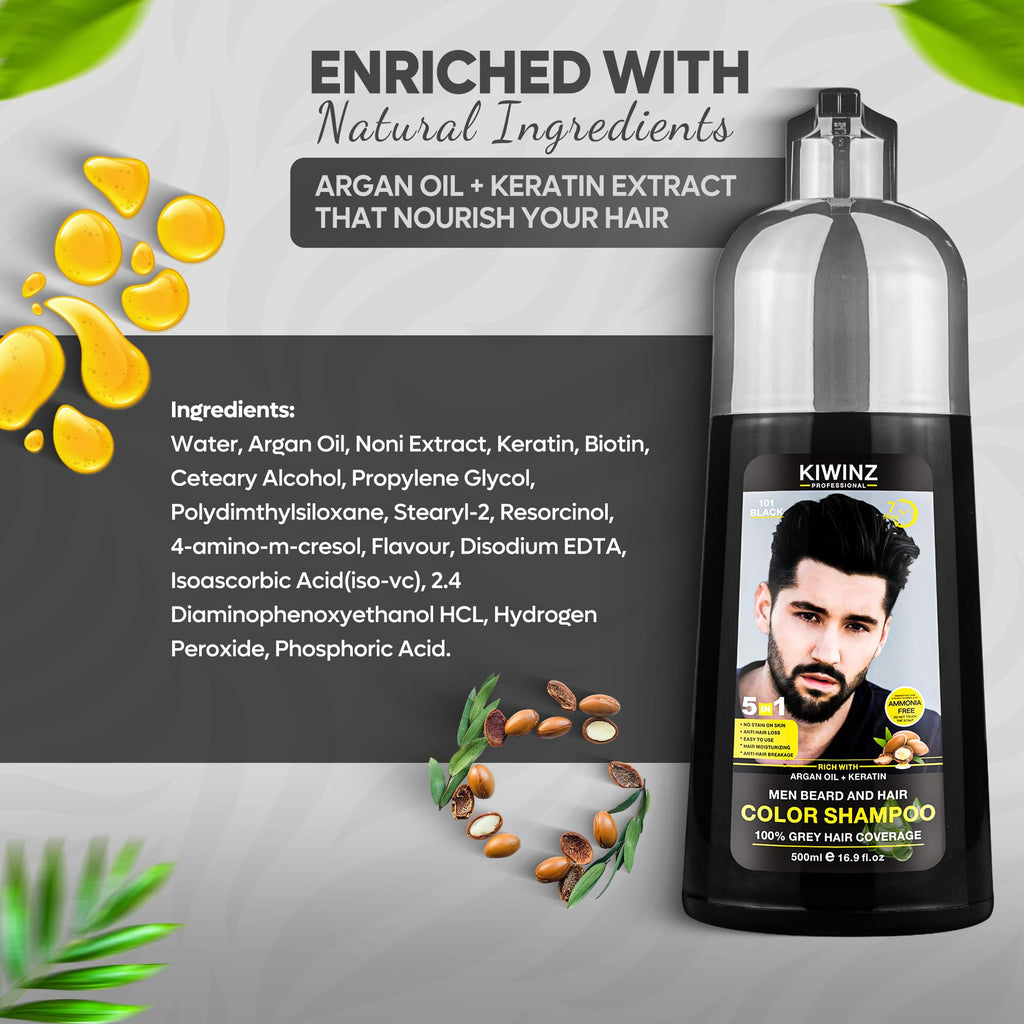 Kiwinz Professional Black Hair Color Shampoo for Men – 5 in 1 Dye Shampoo, Ammonia Free, 500ml, 100% Color Accuracy