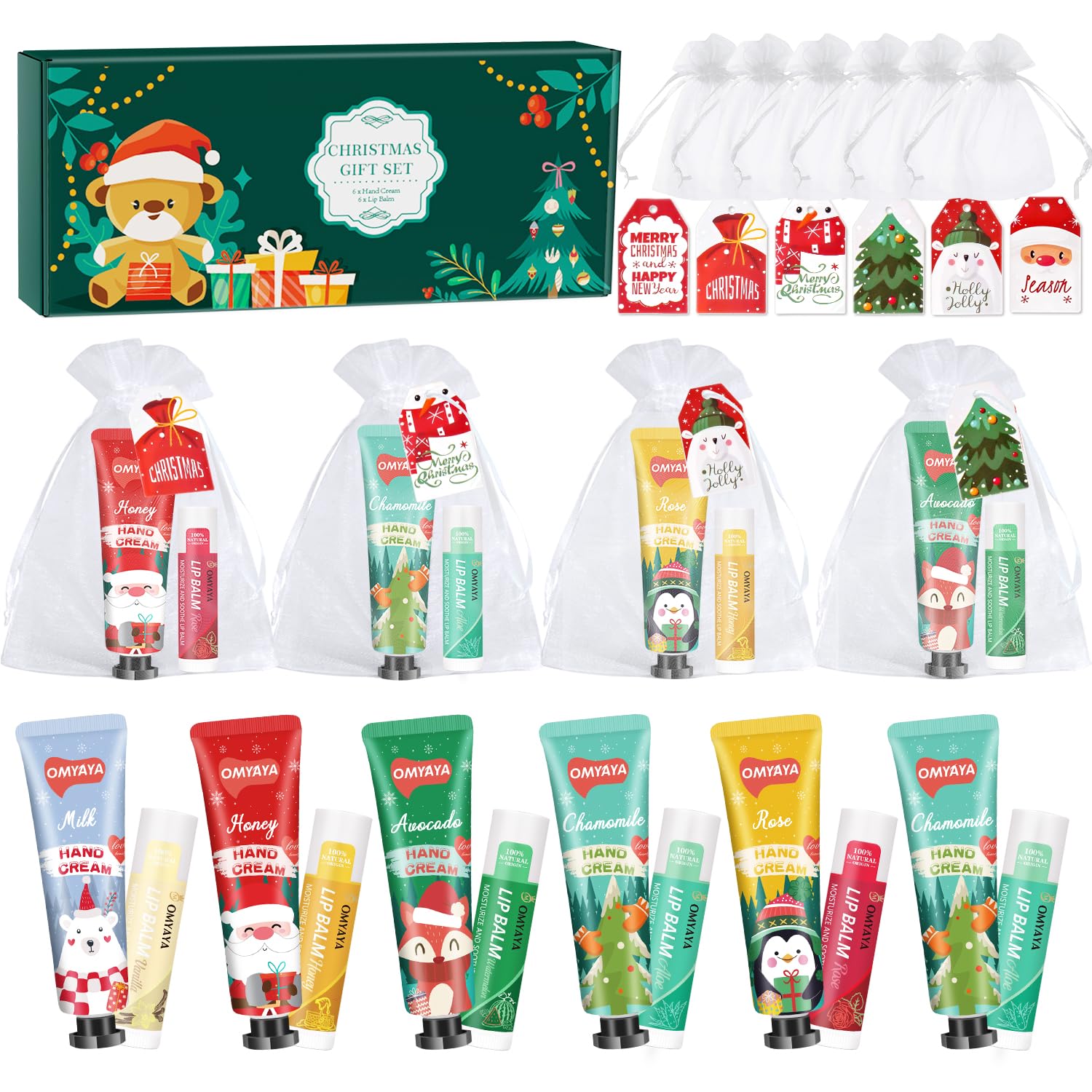 KIYTARBOO Christmas Bulk Gifts for Women – Lip Balm & Hand Cream Set with Organza Bag