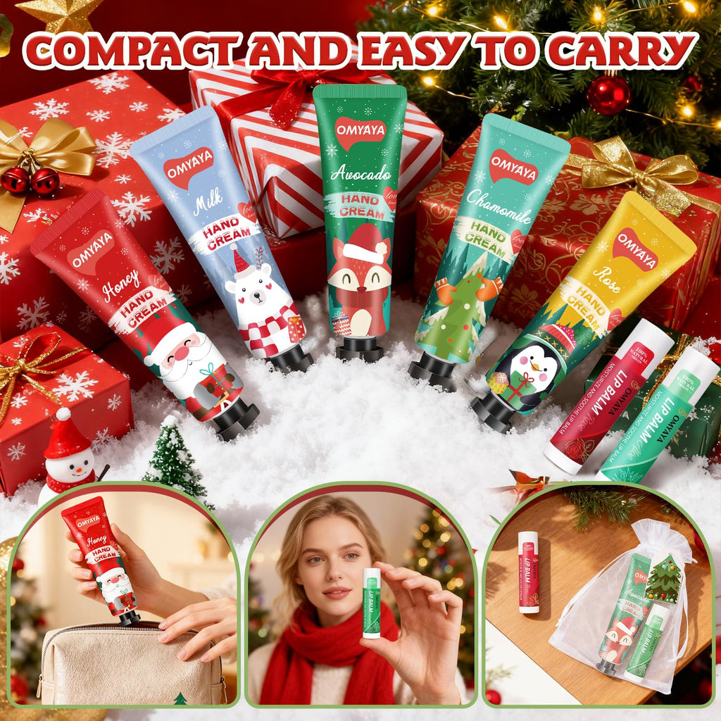 KIYTARBOO Christmas Bulk Gifts for Women – Lip Balm & Hand Cream Set with Organza Bag