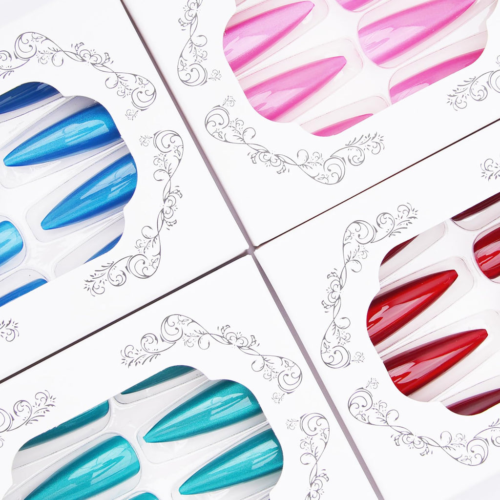 KKUUOO 4 Pack Cat Eye Stiletto Press On Nails – Long Glitter Gradient, 96 Pcs