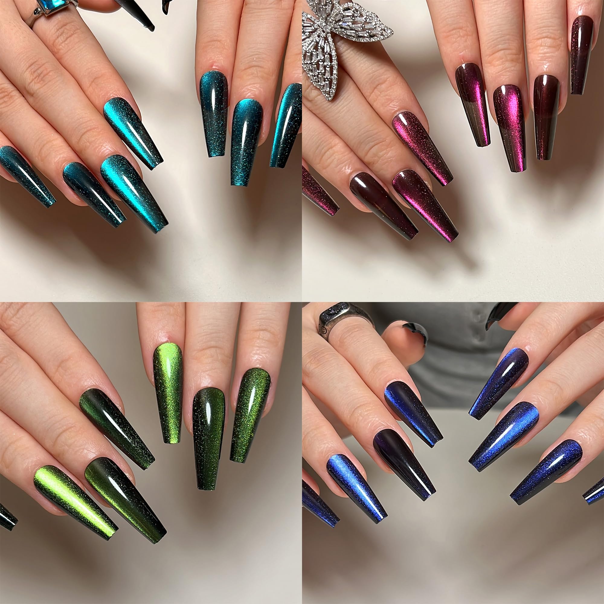 KKUUOO 4 Pack Long Coffin Gradient & Glitter Nails – 96pcs, 12 Sizes, 4 Styles | Full Cover Press-On Nails