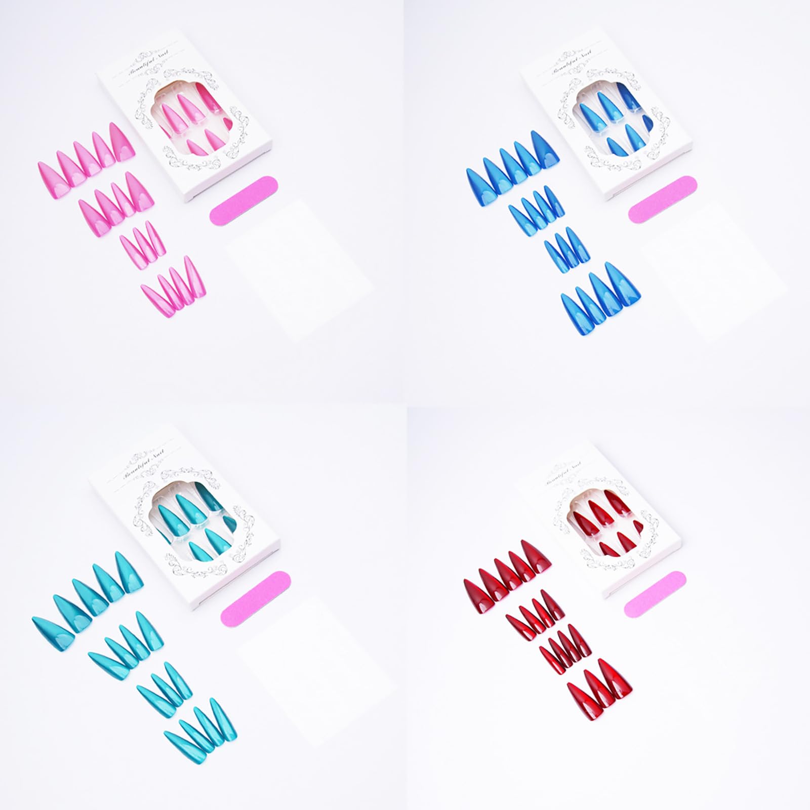 KKUUOO 4 Pack Cat Eye Stiletto Press On Nails – Long Glitter Gradient, 96 Pcs