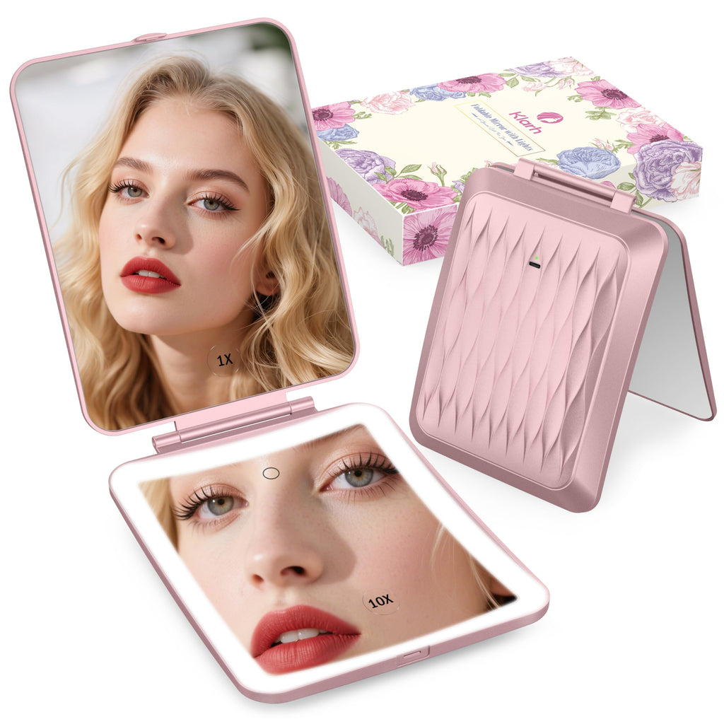 klarh 1X/10X Magnifying Makeup Mirror with 3 LED Light Modes – Rechargeable Rose Pink Vanity Mirror