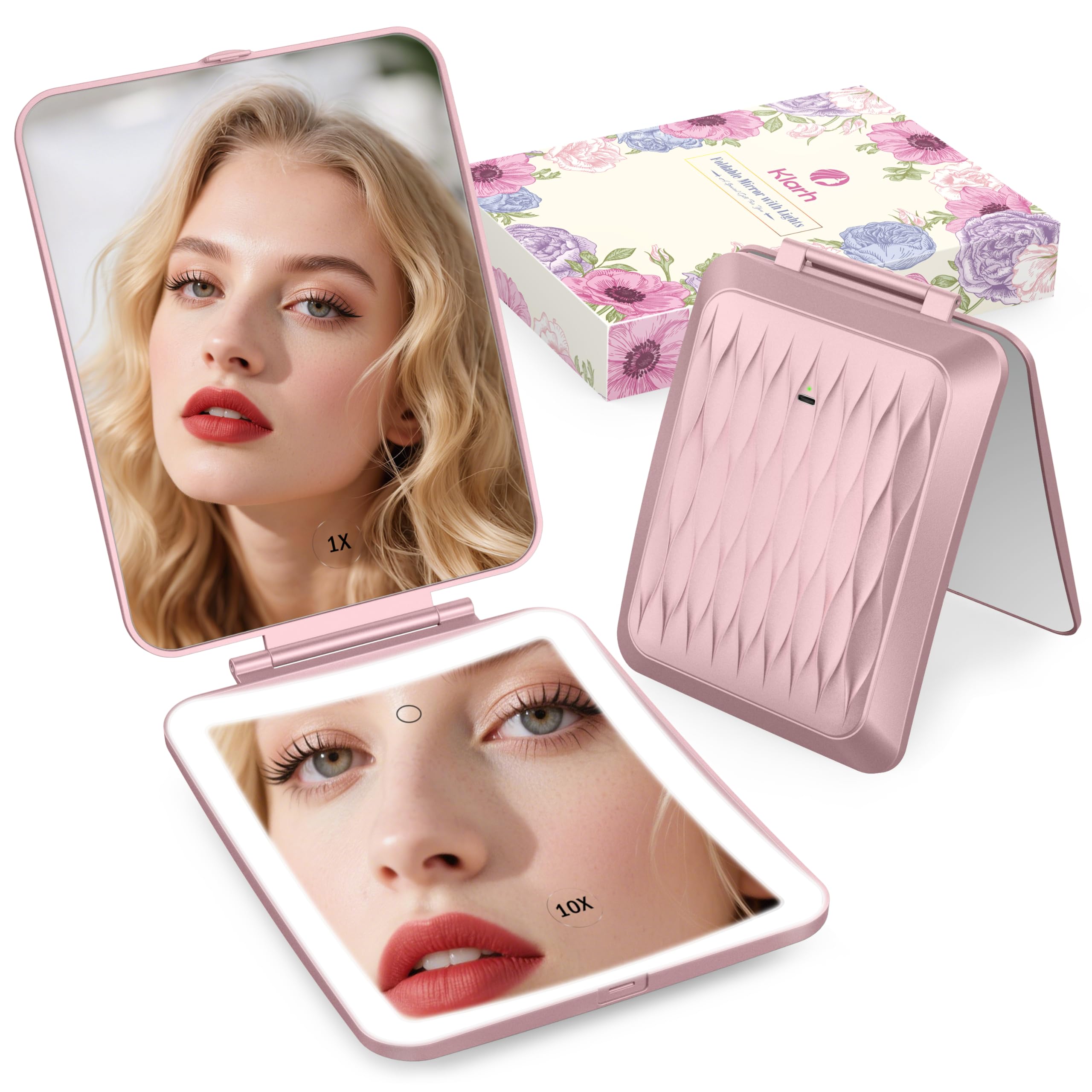 klarh 1X/10X Magnifying Makeup Mirror with 3 LED Light Modes – Rechargeable Rose Pink Vanity Mirror