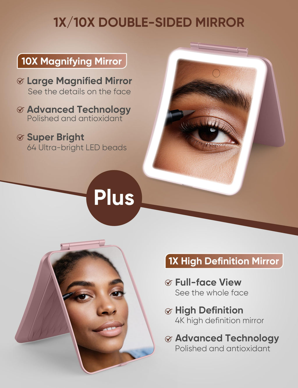 klarh 1X/10X Magnifying Makeup Mirror with 3 LED Light Modes – Rechargeable Rose Pink Vanity Mirror