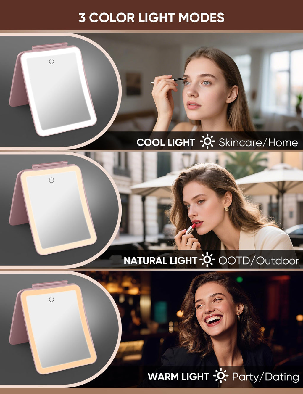 klarh 1X/10X Magnifying Makeup Mirror with 3 LED Light Modes – Rechargeable Rose Pink Vanity Mirror