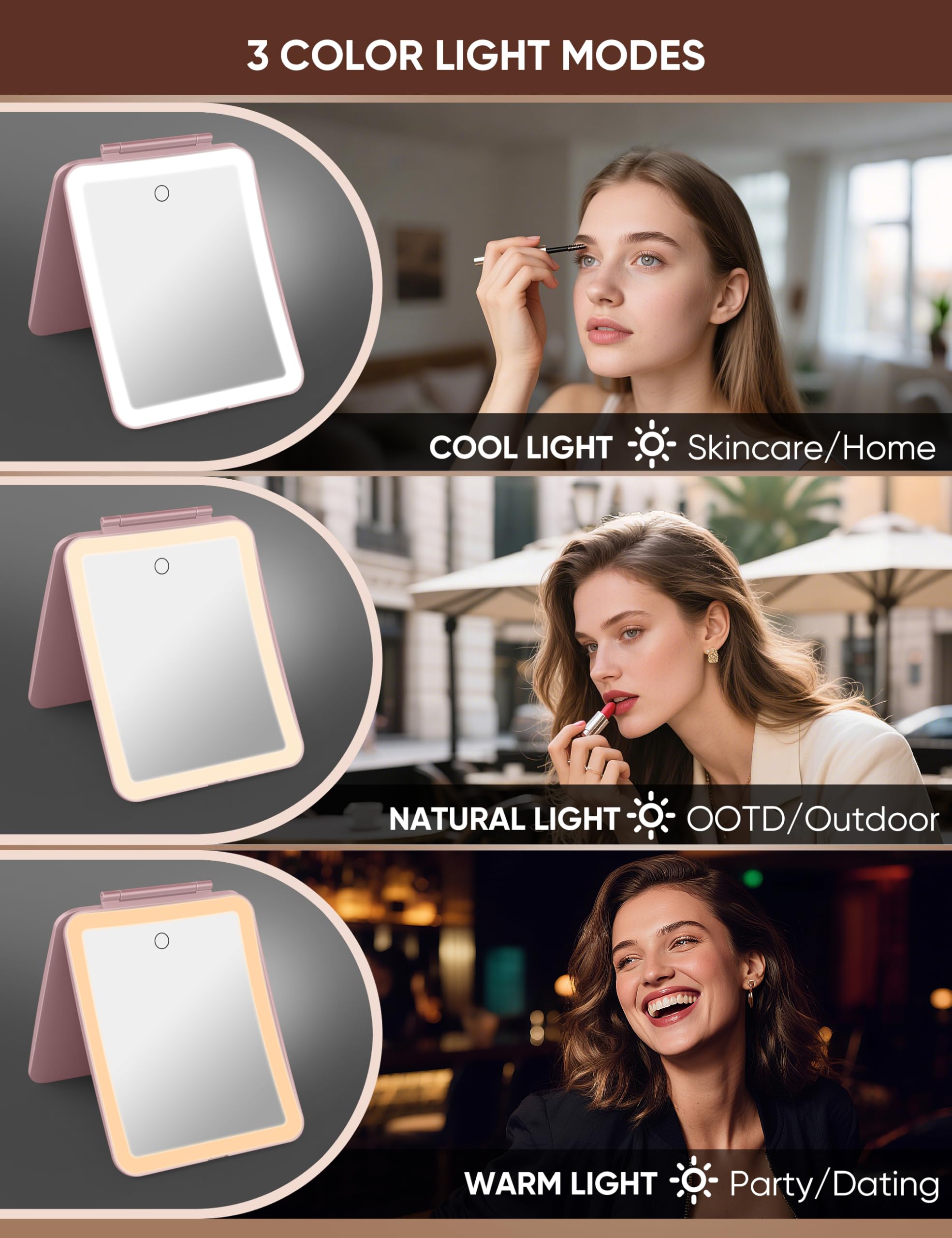 klarh 1X/10X Magnifying Makeup Mirror with 3 LED Light Modes – Rechargeable Rose Pink Vanity Mirror