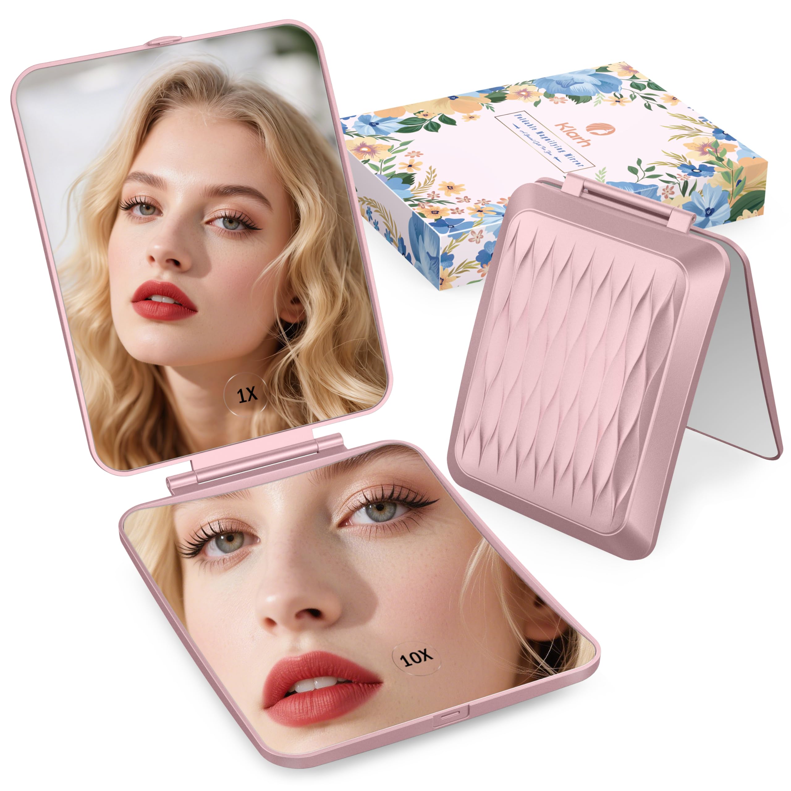 klarh Travel Makeup Mirror 1X/10X Magnification – Rose Pink, Portable Folding Tabletop Vanity (No LED)