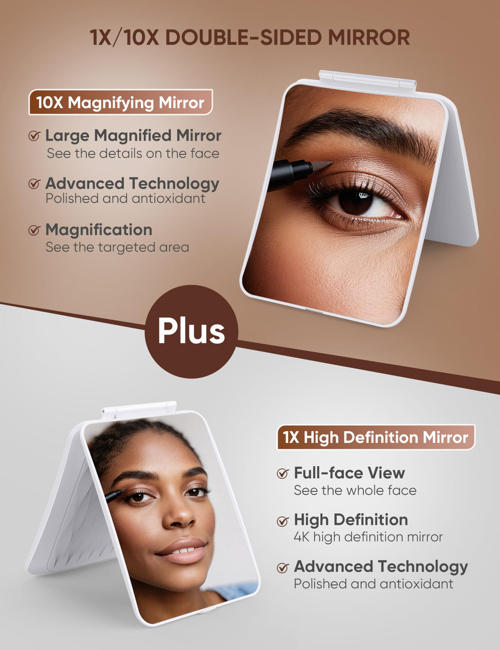 klarh Travel Makeup Mirror with 1X/10X Magnification – Portable Folding Vanity (Pearl White)