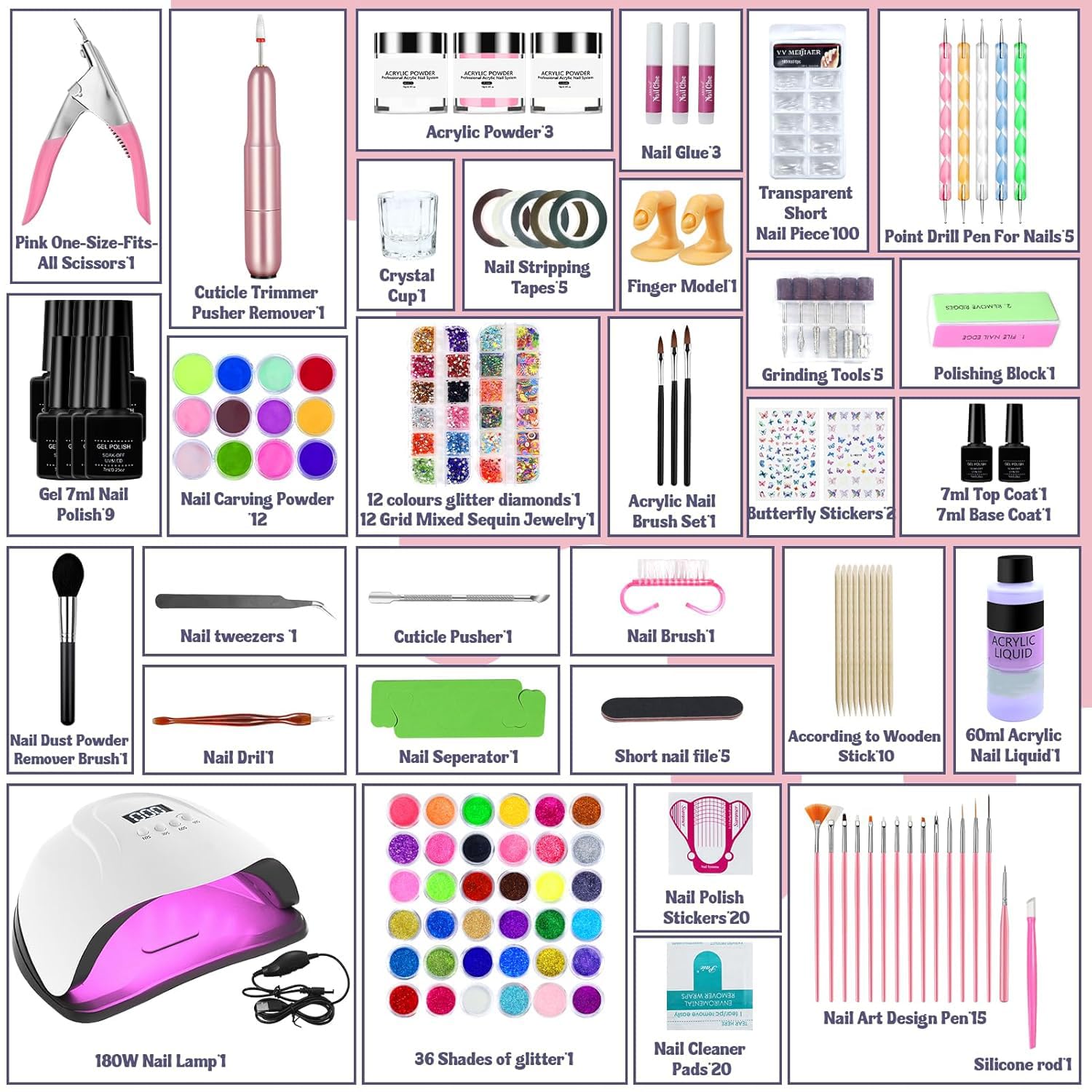 Klemon Acrylic Nail Kit – Complete Multicolor Powder Set with UV Lamp for Beginners