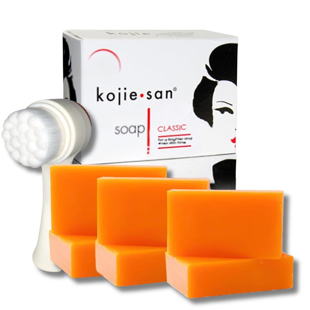KOJIE SAN Face & Body Soap (6 Bars) + Relumins Deep Pore Brush – Kojic Acid Brightening Set