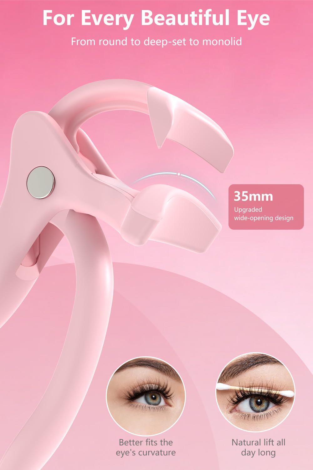 KOKABI Smart Heated Eyelash Curler – USB-C Rechargeable, 2 Heat Settings, All-Day Lift (Pink)