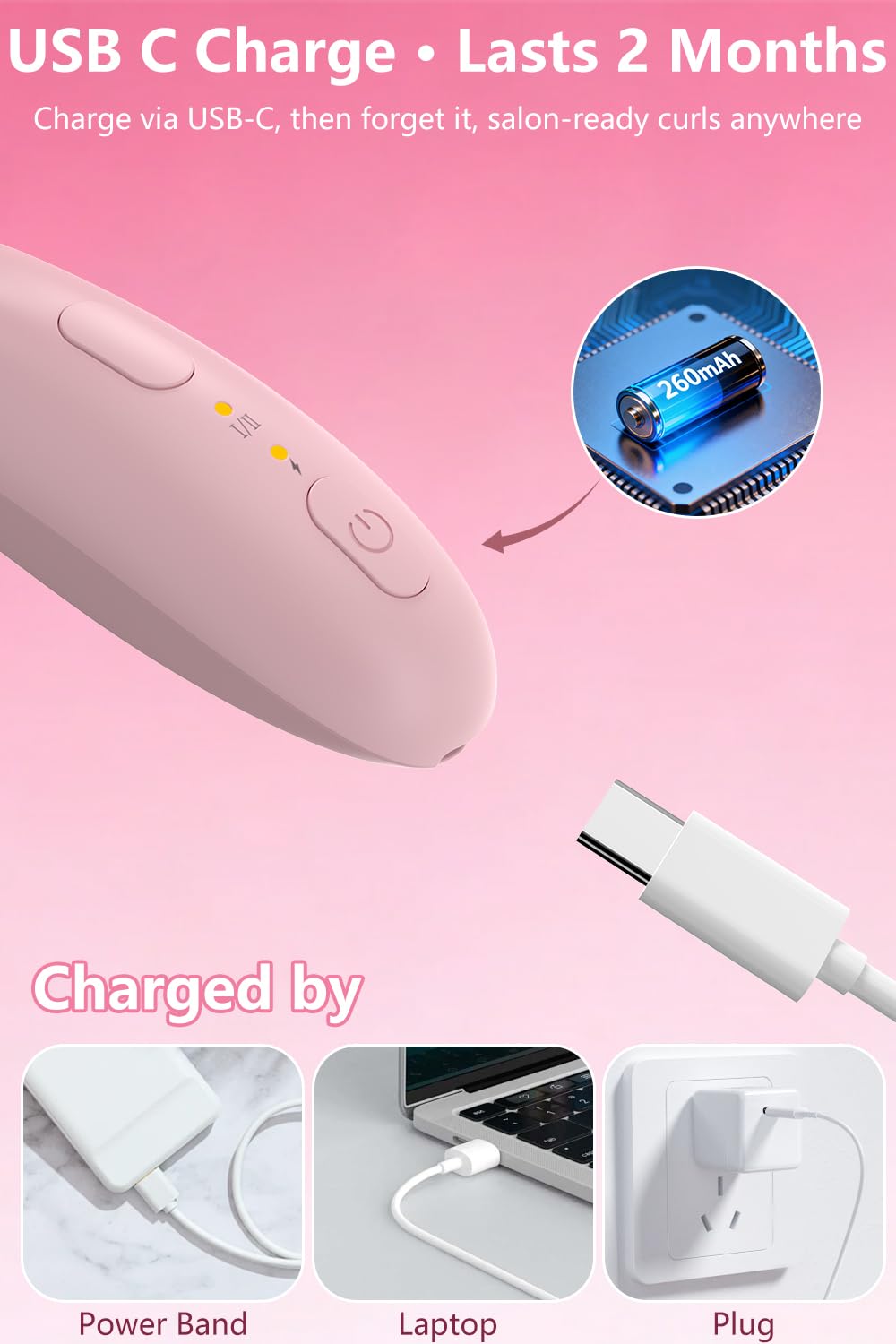 KOKABI Smart Heated Eyelash Curler – USB-C Rechargeable, 2 Heat Settings, All-Day Lift (Pink)