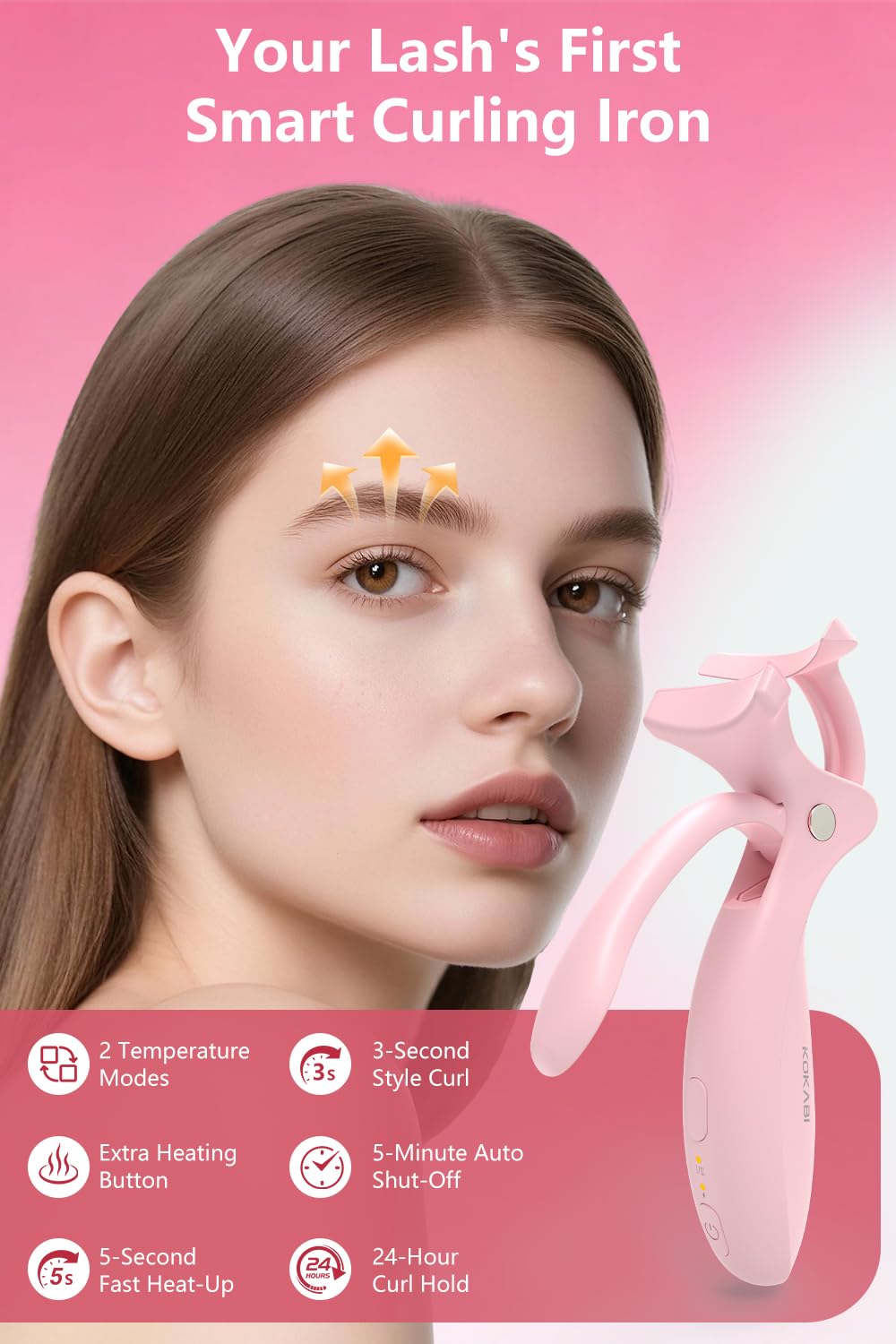 KOKABI Smart Heated Eyelash Curler – USB-C Rechargeable, 2 Heat Settings, All-Day Lift (Pink)