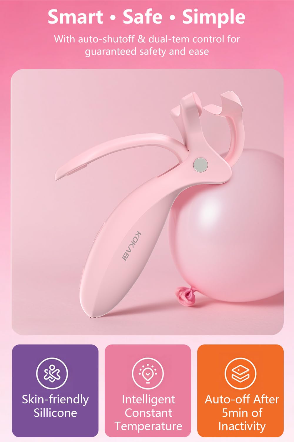 KOKABI Smart Heated Eyelash Curler – USB-C Rechargeable, 2 Heat Settings, All-Day Lift (Pink)