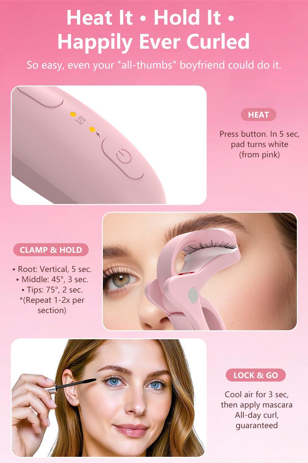 KOKABI Smart Heated Eyelash Curler – USB-C Rechargeable, 2 Heat Settings, All-Day Lift (Pink)