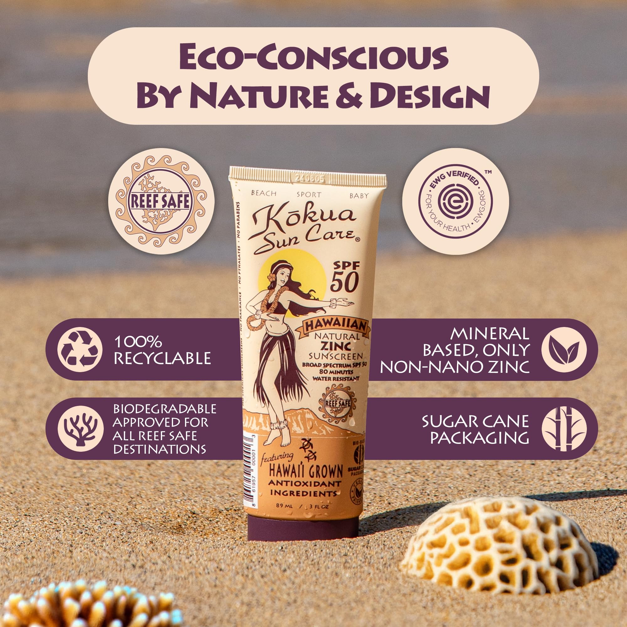 Kokua Sun Care Hawaiian Sunscreen SPF 50 | Mineral, Reef Safe, 3 oz