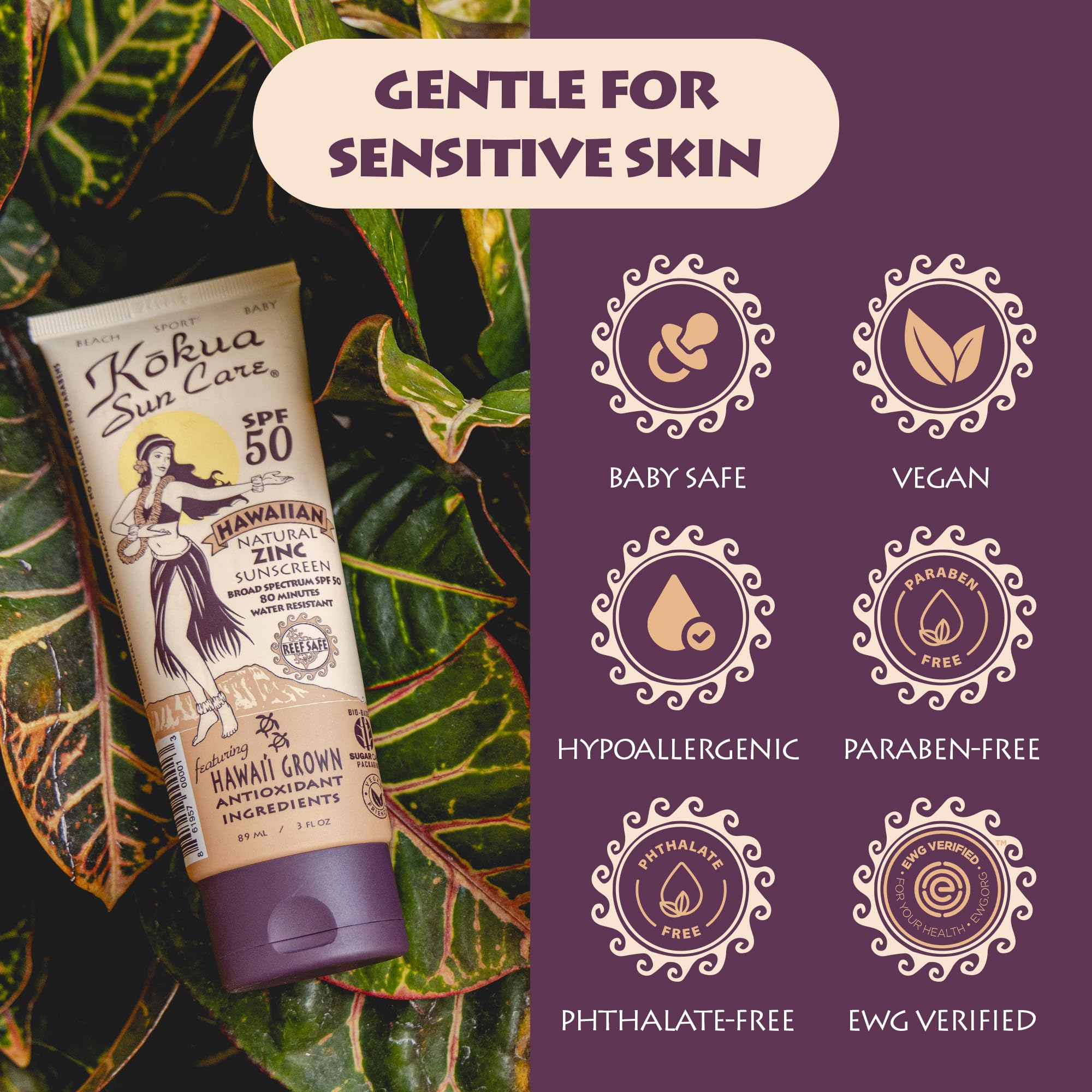 Kokua Sun Care Hawaiian Sunscreen SPF 50 | Mineral, Reef Safe, 3 oz