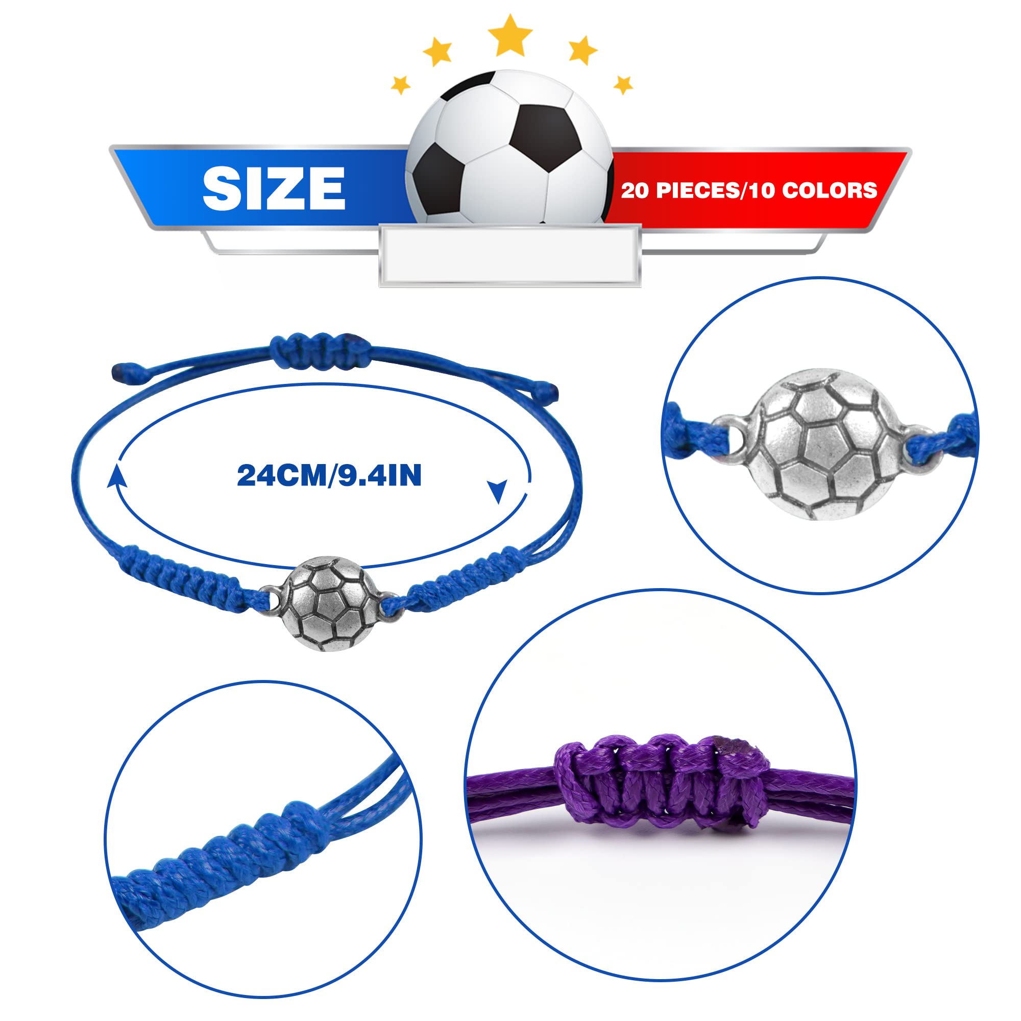 Kolewo4ever Soccer Party Supplies Set – 20 Satin Scrunchies, 20 Adjustable Bracelets, 20 Soccer Ball Keychains, 100 Stickers