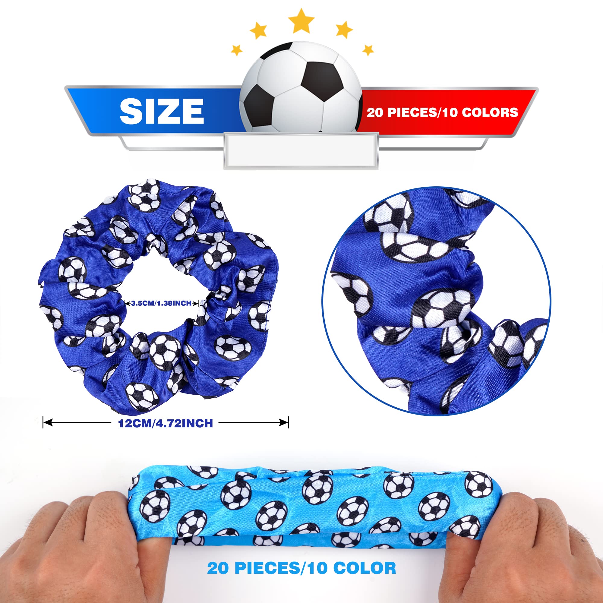 Kolewo4ever Soccer Party Supplies Set – 20 Satin Scrunchies, 20 Adjustable Bracelets, 20 Soccer Ball Keychains, 100 Stickers