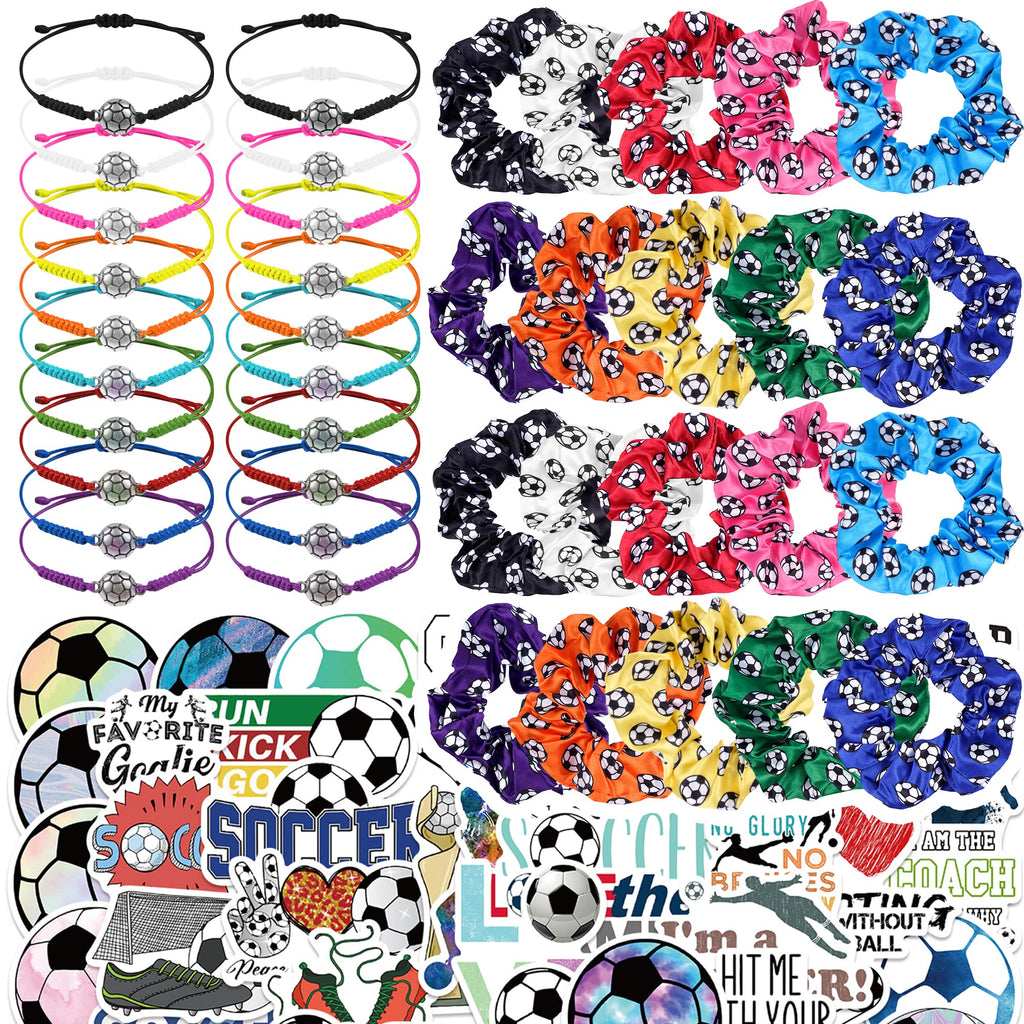 Kolewo4ever Soccer Party Supplies Set – 20 Satin Scrunchies, 20 Adjustable Bracelets, 20 Soccer Ball Keychains, 100 Stickers