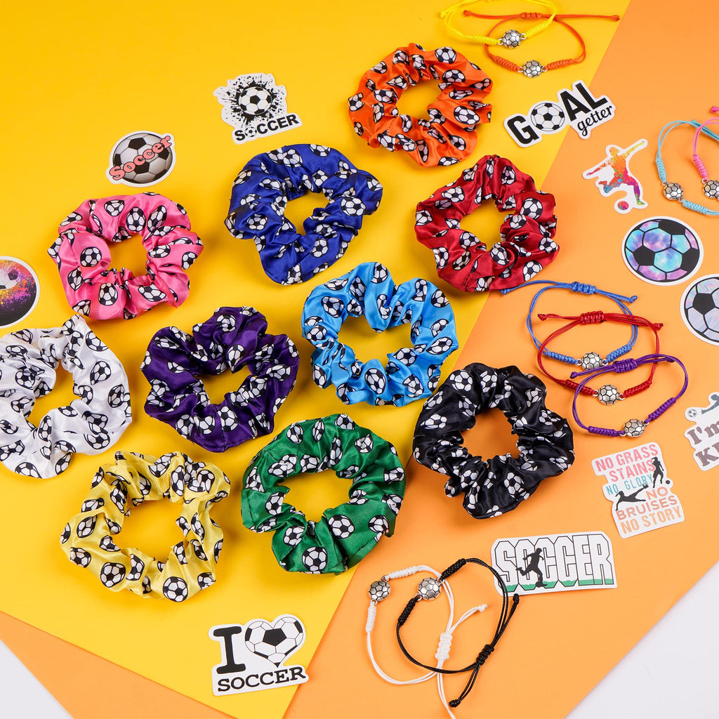 Kolewo4ever Soccer Party Supplies Set – 20 Satin Scrunchies, 20 Adjustable Bracelets, 20 Soccer Ball Keychains, 100 Stickers