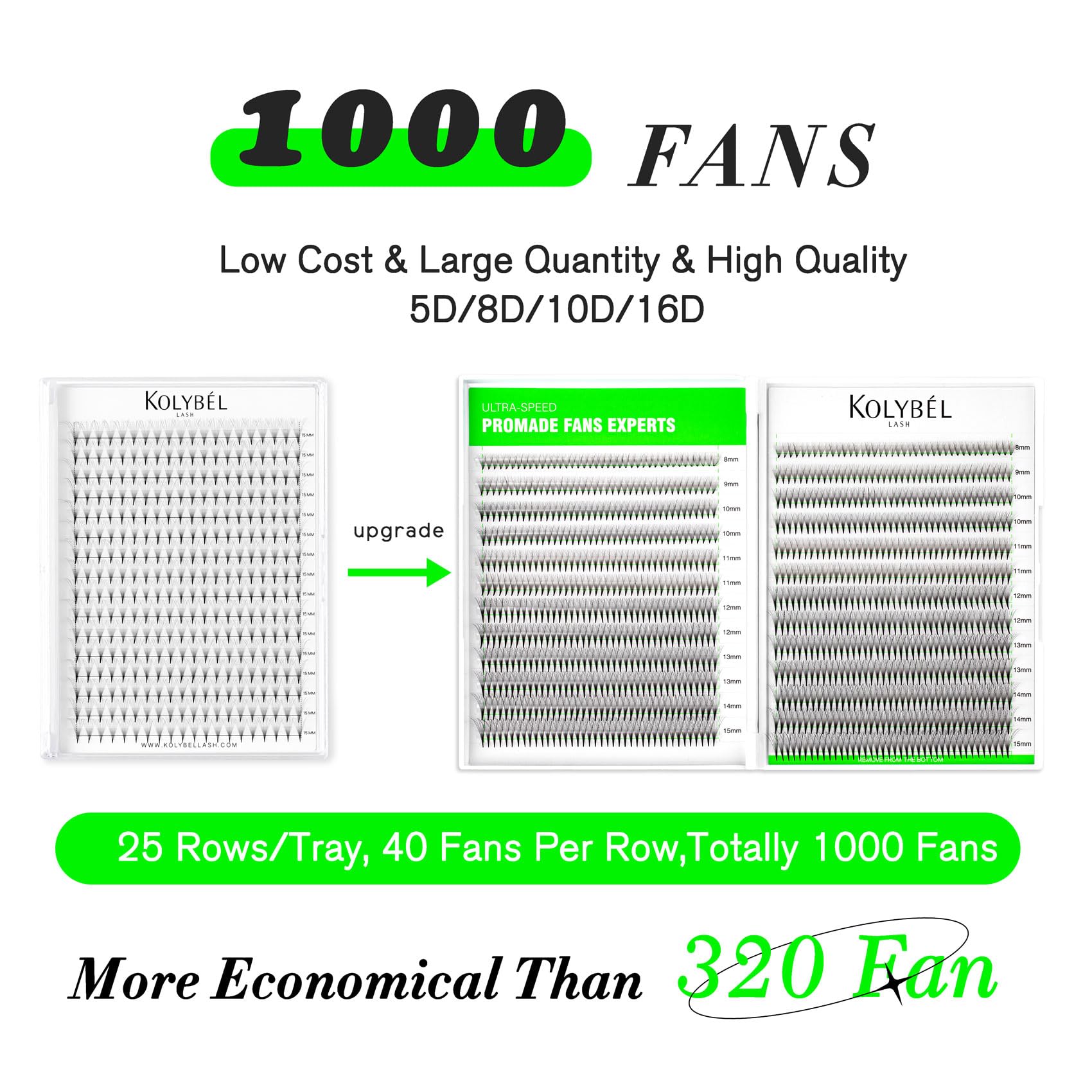 Kolybel 1000 Premade Lash Fans | 10D Narrow, 8-15mm, 0.07D Curl, Handmade Volume Extensions