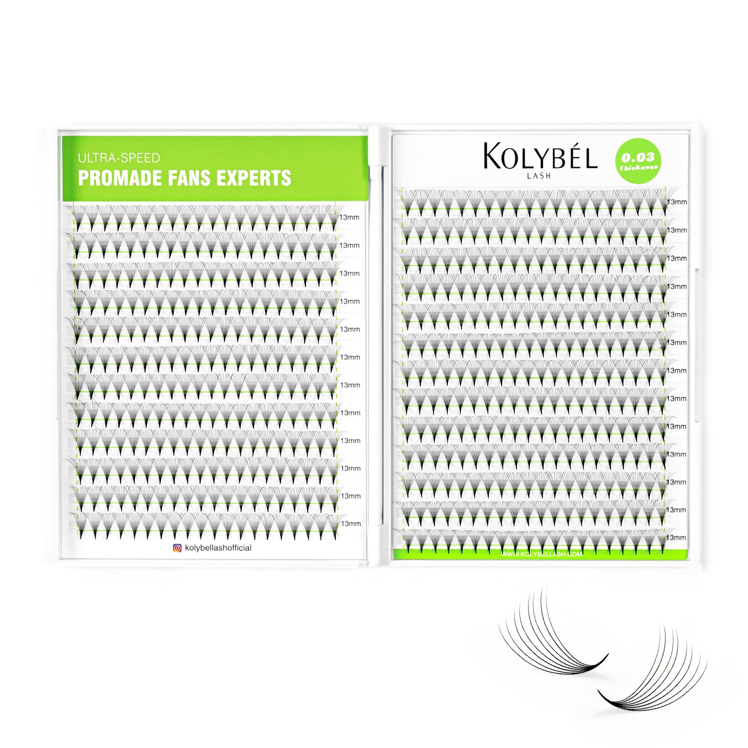 Kolybel 500 Premade Fans Lash Extensions — 16D, 8-15mm Mixed Lengths
