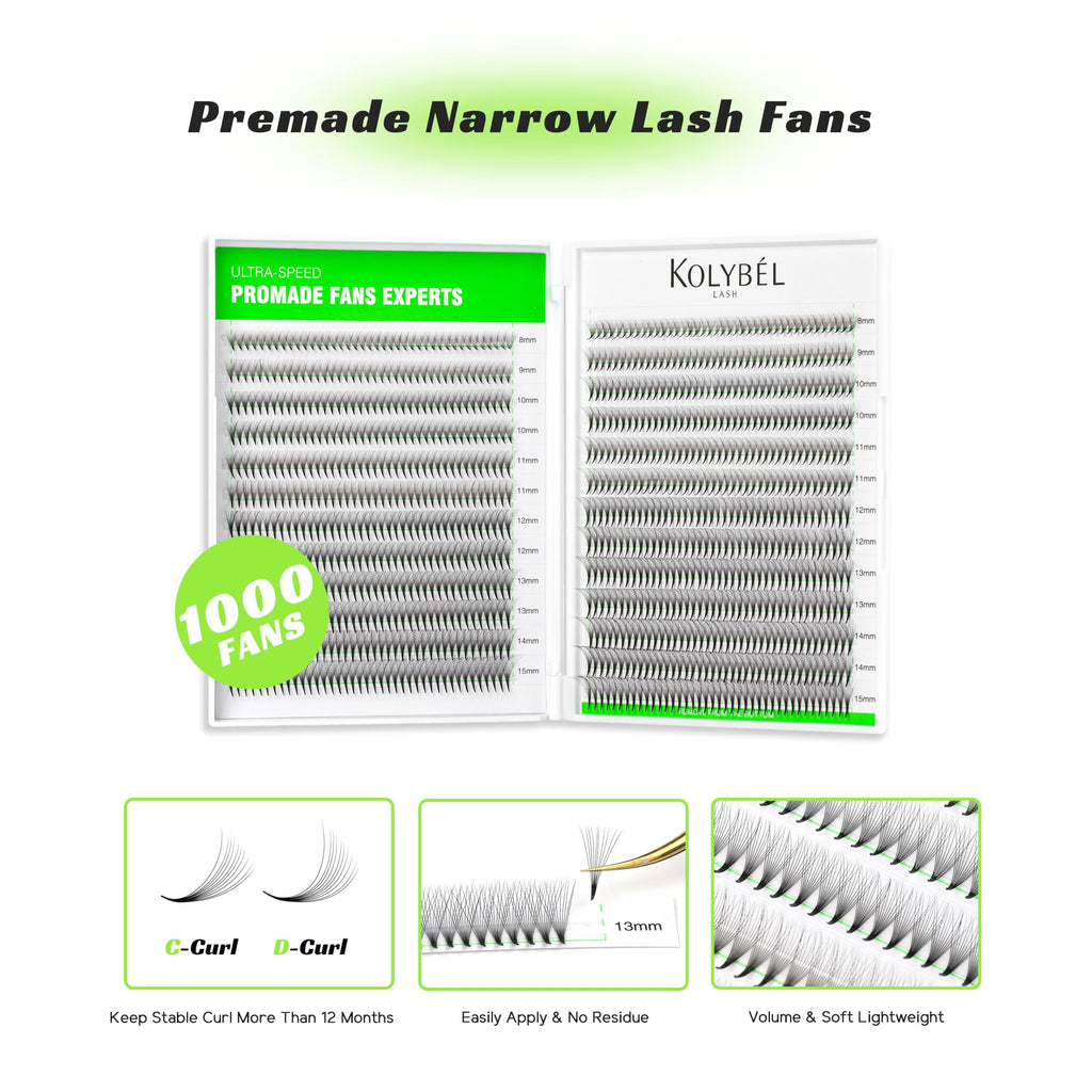 Kolybel 1000 Premade Lash Fans | 10D Narrow, 8-15mm, 0.07D Curl, Handmade Volume Extensions